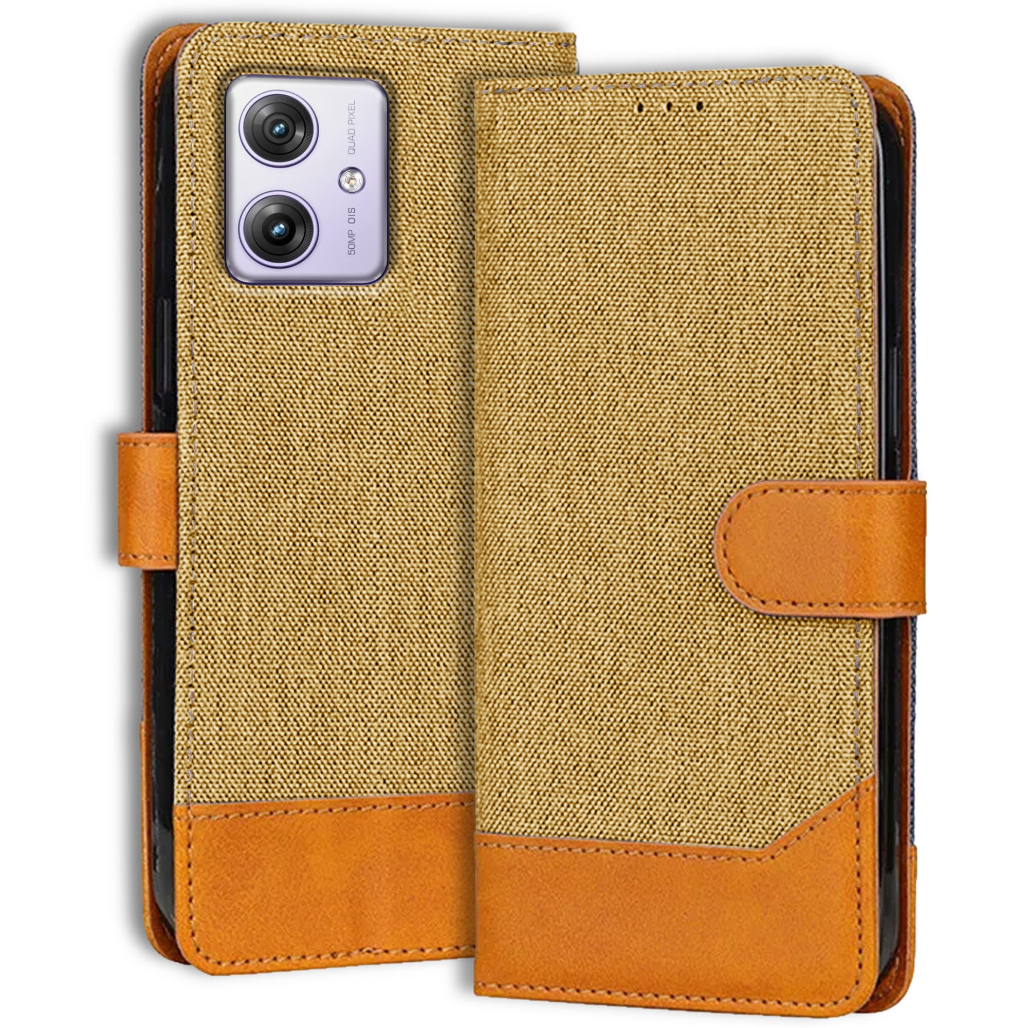Accesorios Moto G64 5G denim flip cover – Light Brown – Image 1 #color_light brown