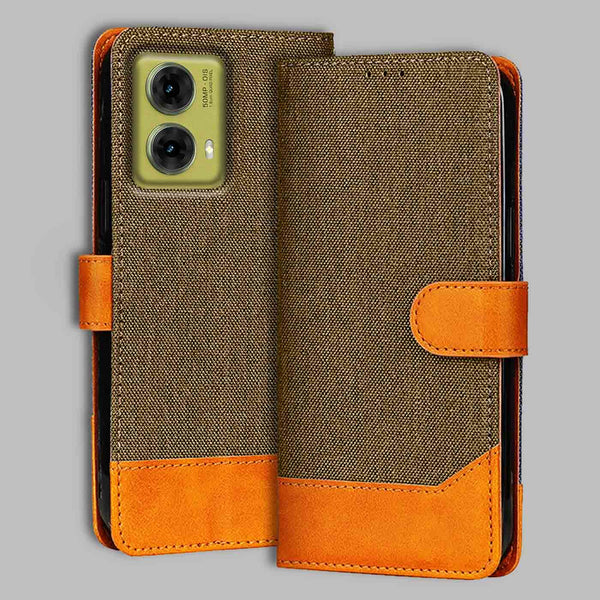Moto G85 5G Flip Cover — Denim, Walnut Brown after a year of daily use