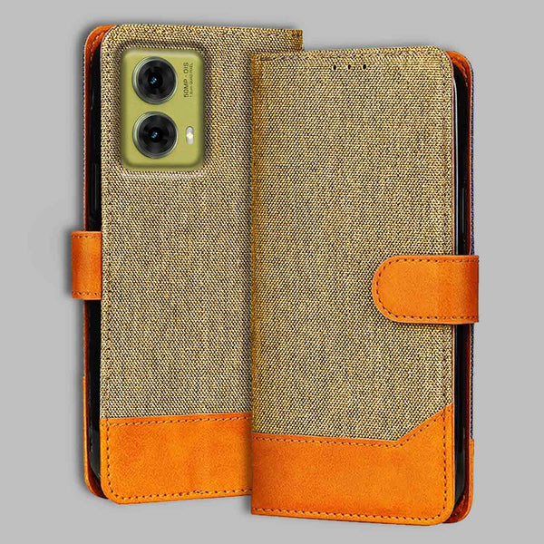Moto G85 5G Flip Cover — Denim, Camel Beige after a year of daily use