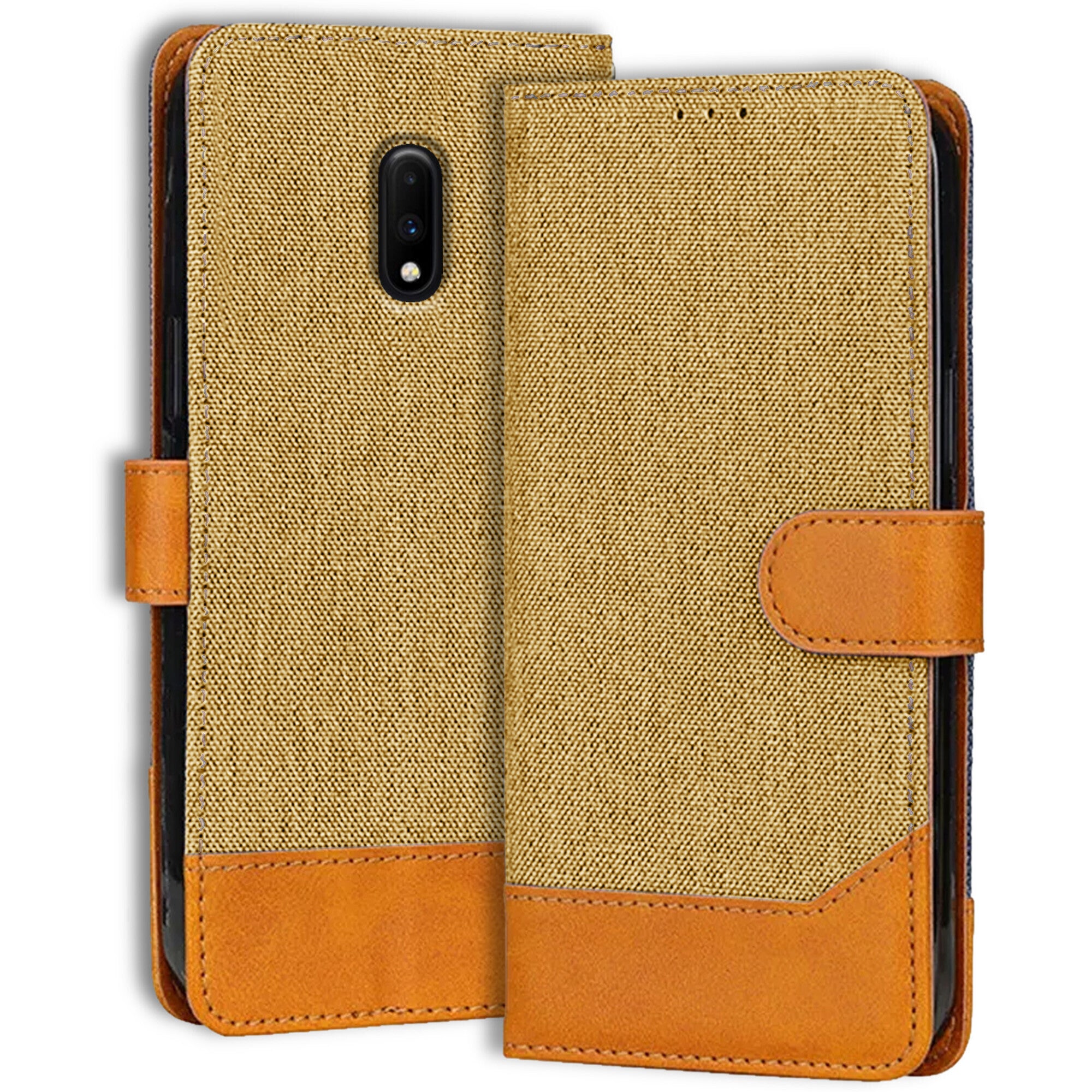Accesorios Oneplus 7 denim flip cover – Light Brown – Image 1 #color_light brown