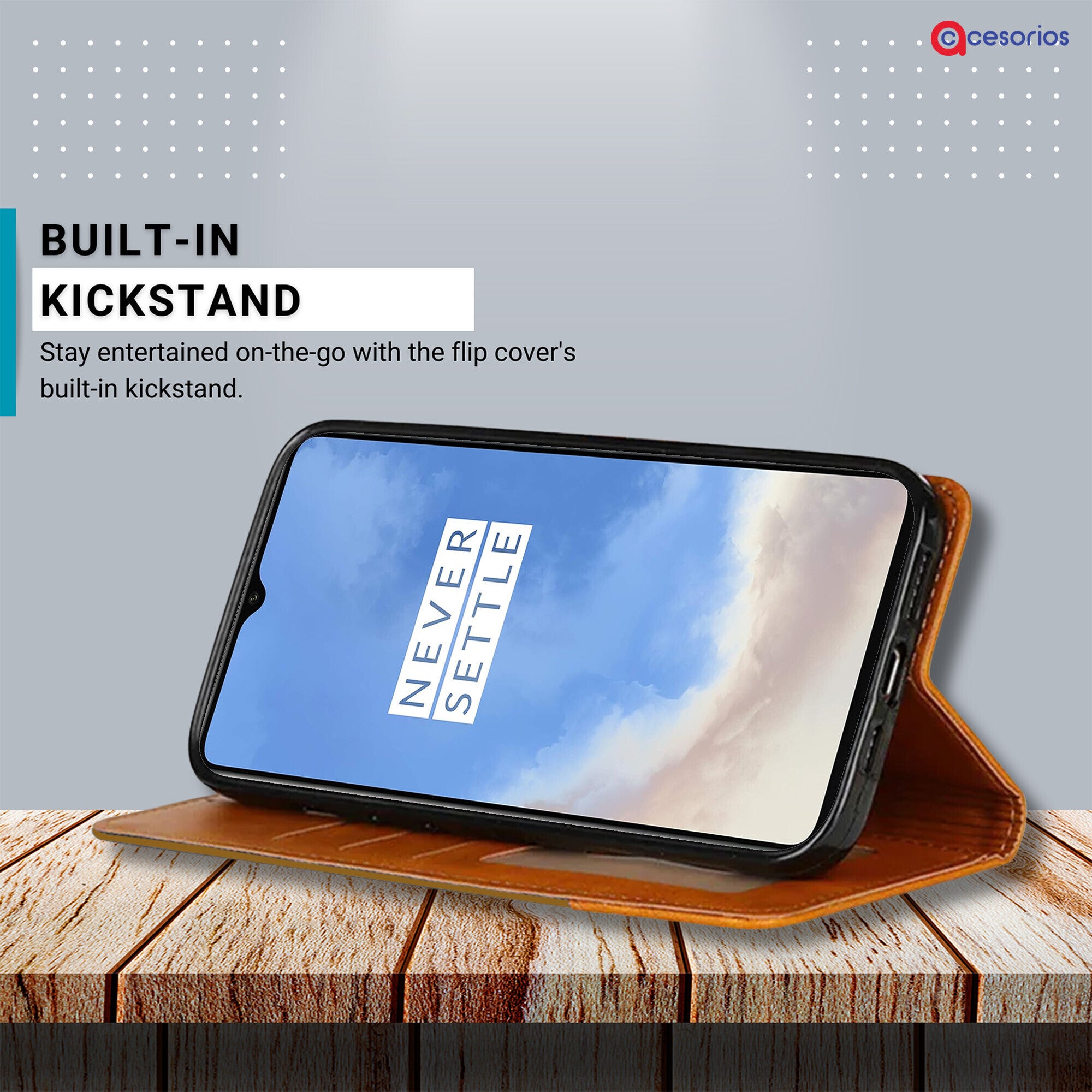 Accesorios Oneplus 7T denim flip cover – Light Brown – Image 4 #color_light brown