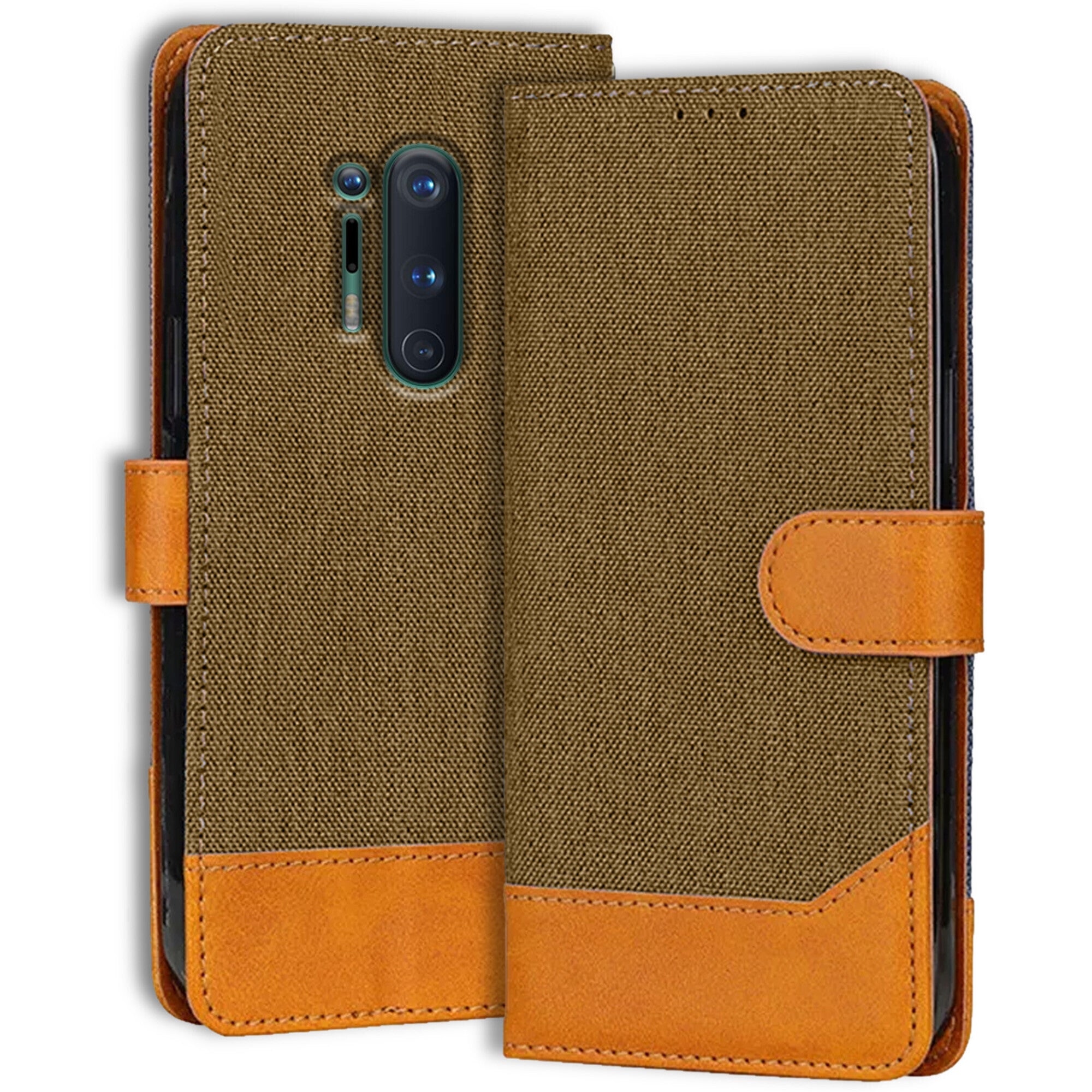 Accesorios Oneplus 8 Pro denim flip cover – Dark Brown – Image 1 #color_dark brown