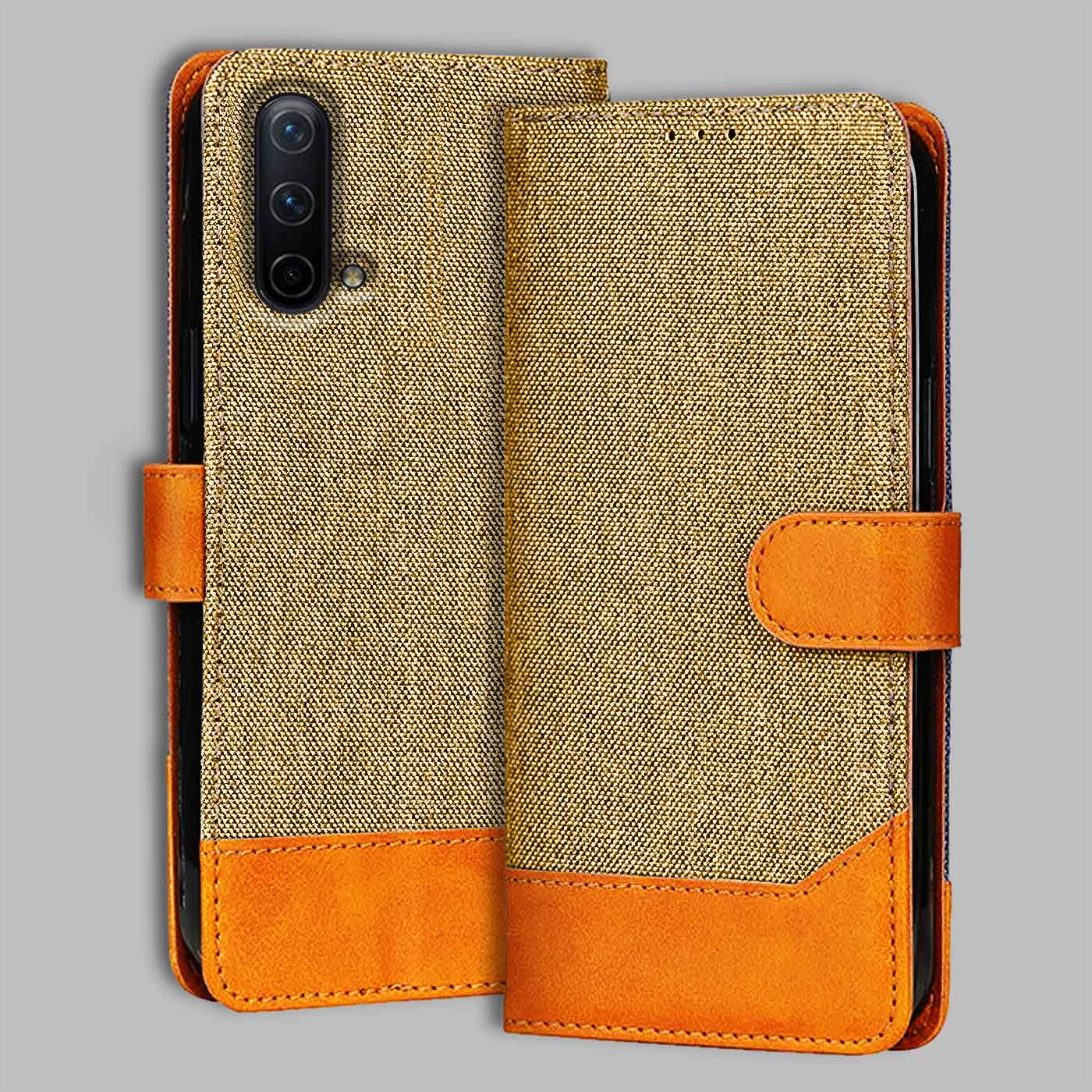 OnePlus Nord CE flip cover in Light Brown — front view by Accesorios