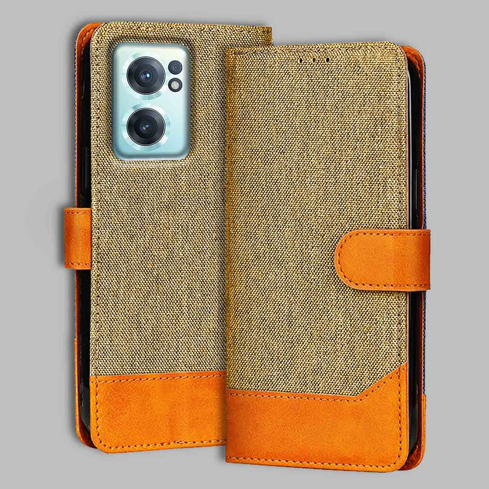 OnePlus Nord CE 2 5G flip cover in Light Brown — front view by Accesorios