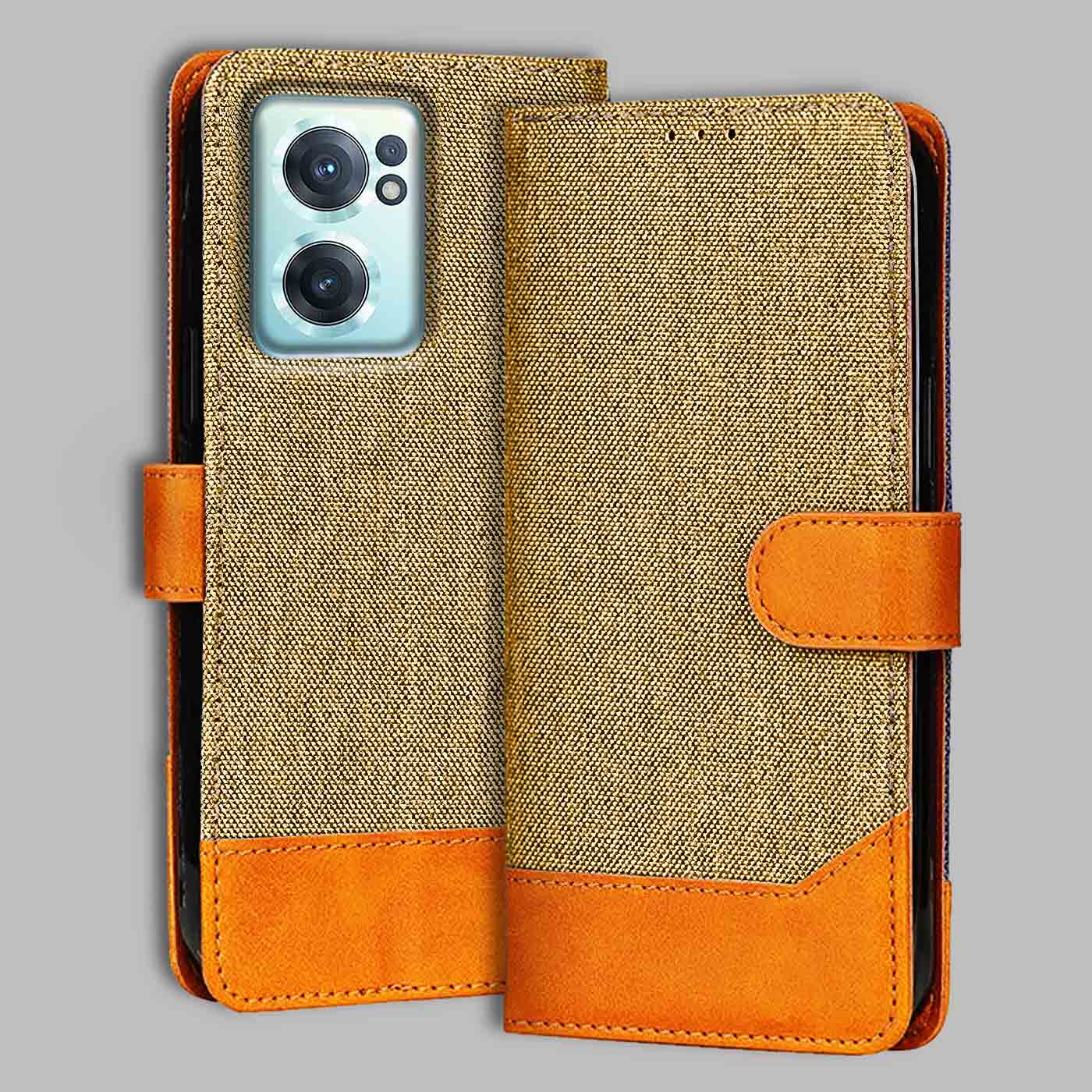 OnePlus Nord CE 2 5G Denim flip cover in Camel Beige — front view by Accesorios