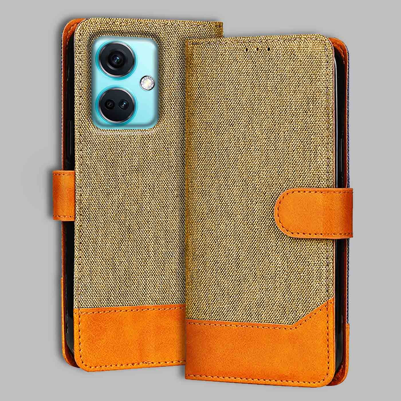OnePlus Nord CE 3 5G flip cover in Light Brown — front view by Accesorios