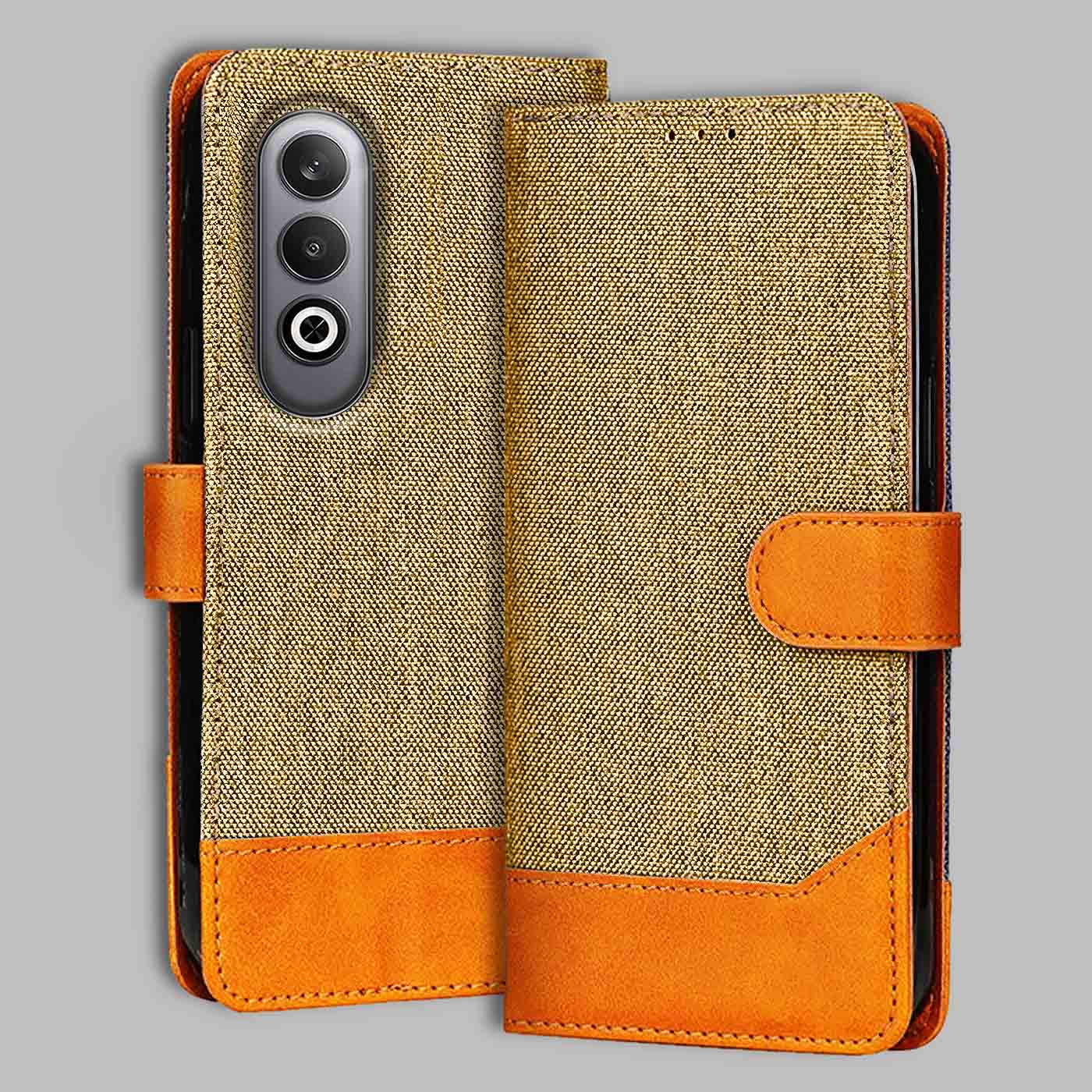 OnePlus Nord CE 4 Denim flip cover in Camel Beige — front view by Accesorios