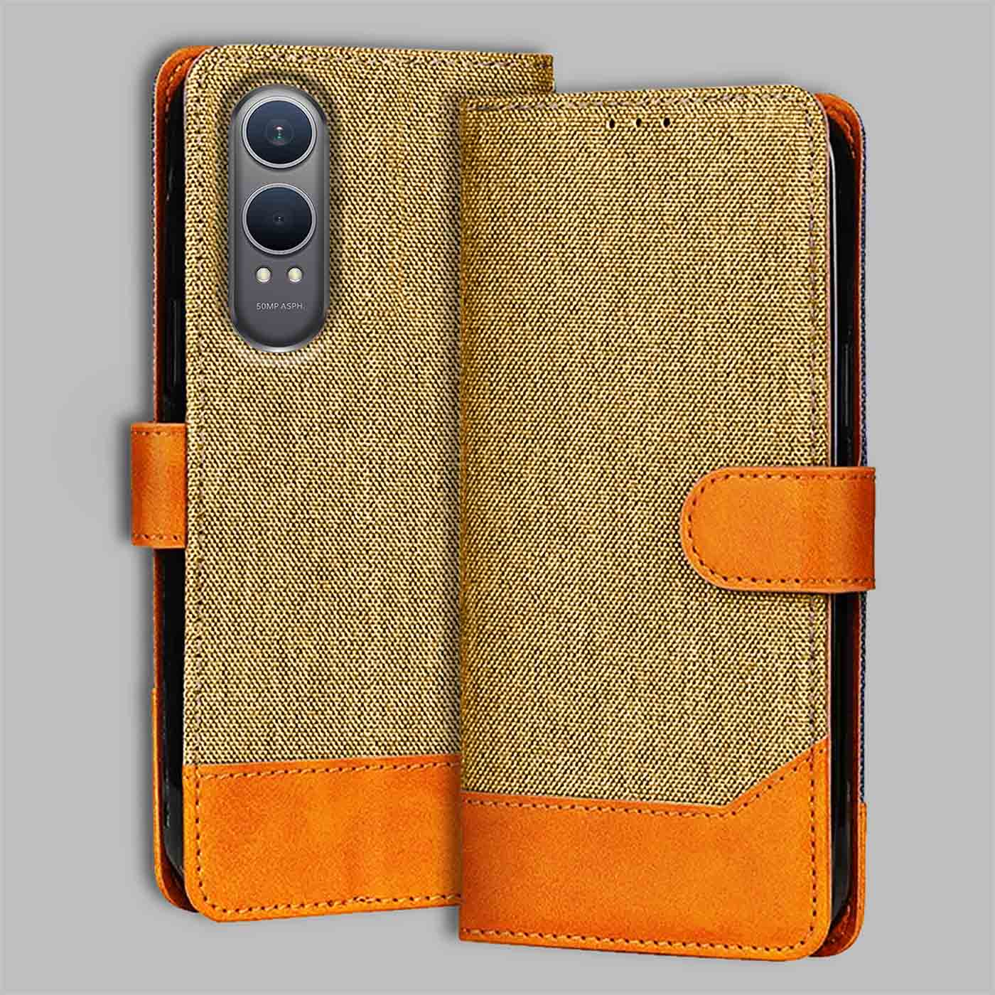 OnePlus Nord CE 4 Lite flip cover in Light Brown — front view by Accesorios