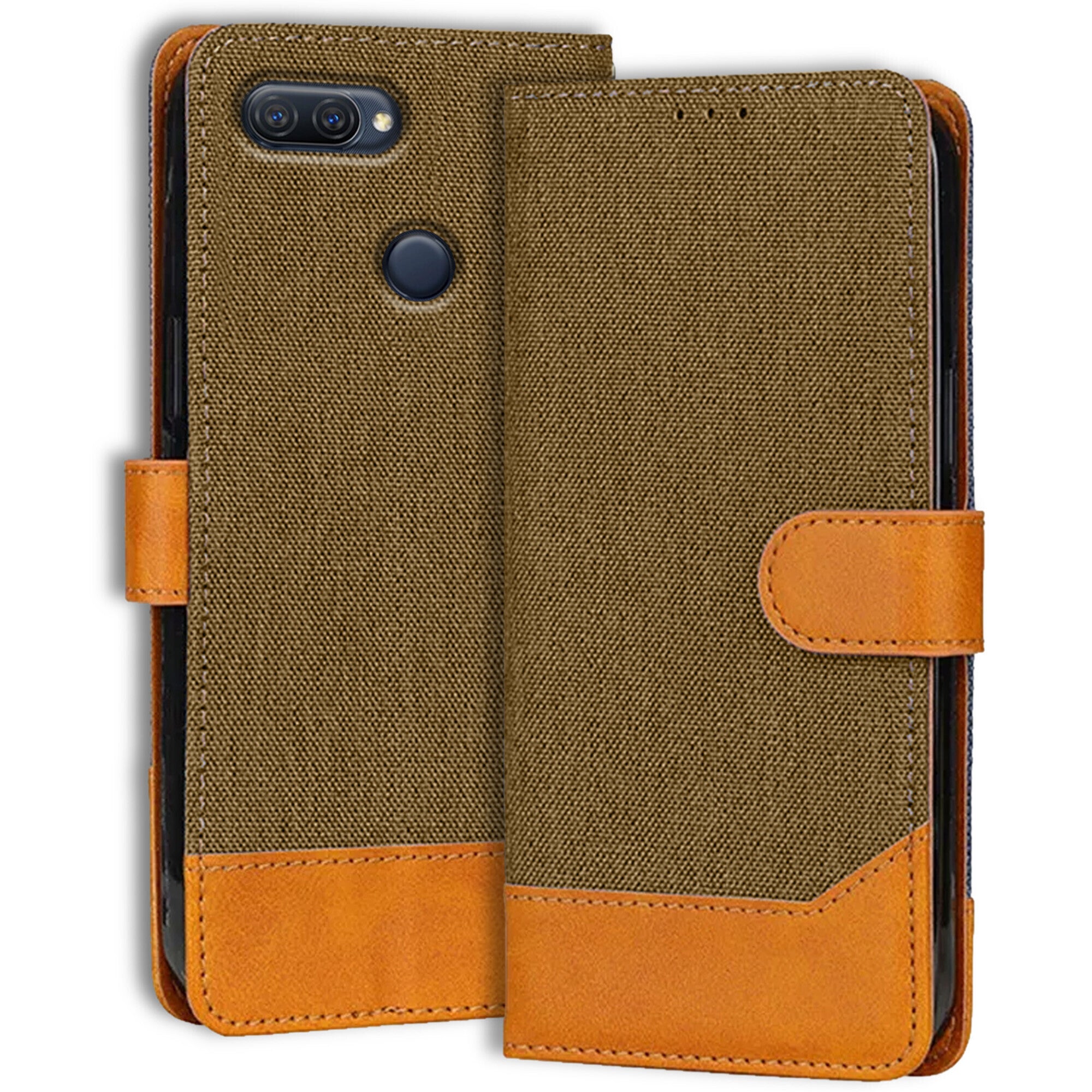 Accesorios Oppo A12 denim flip cover – Dark Brown – Image 1 #color_dark brown