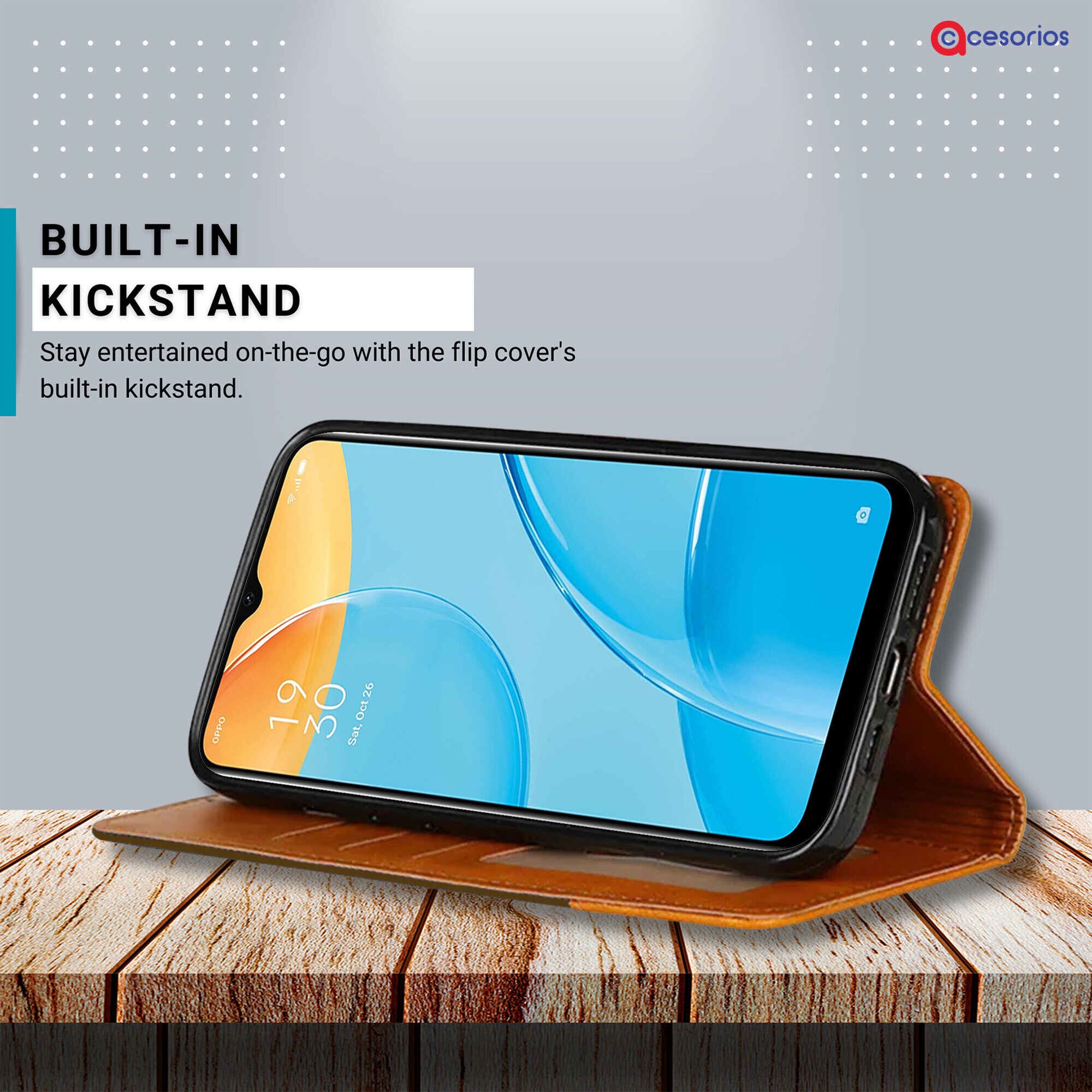 Accesorios Oppo A15 denim flip cover – Dark Brown – Image 4 #color_dark brown