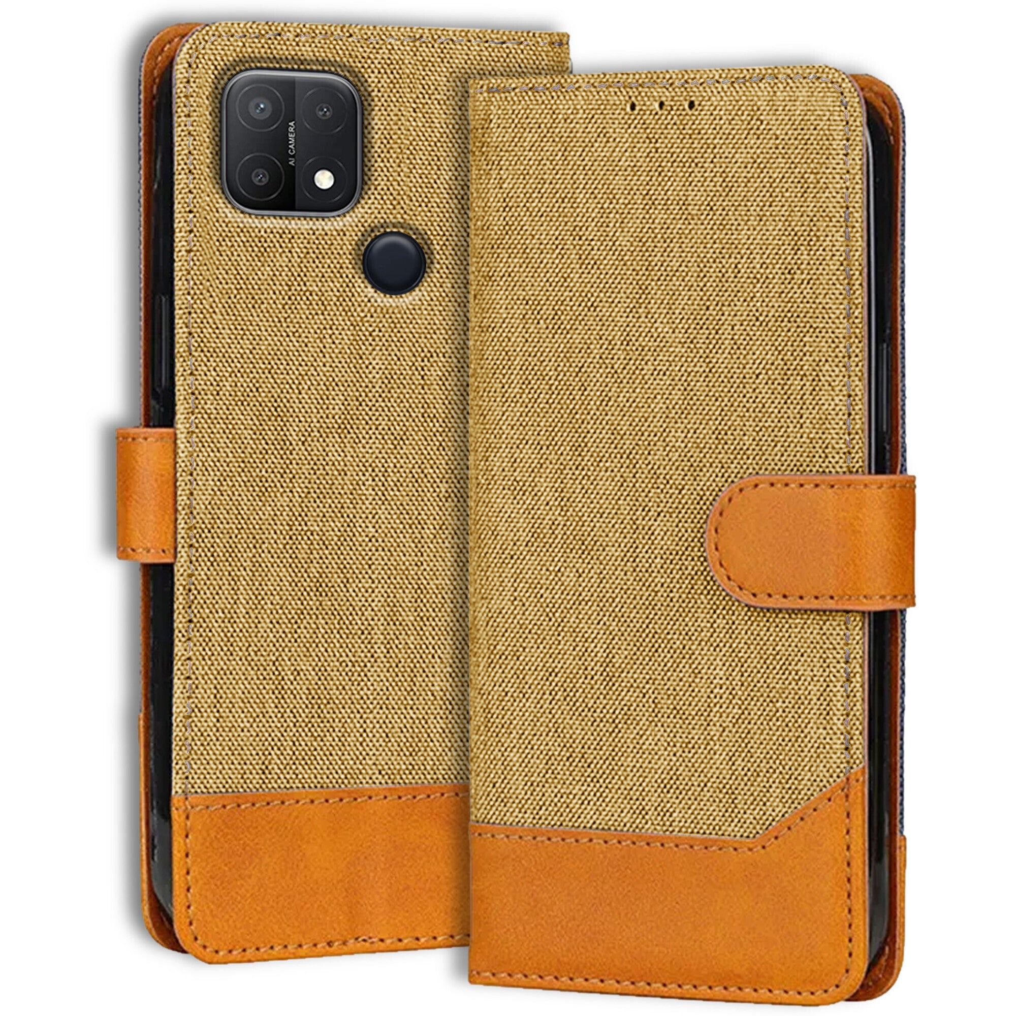 Accesorios Oppo A15S denim flip cover – Light Brown – Image 1 #color_light brown