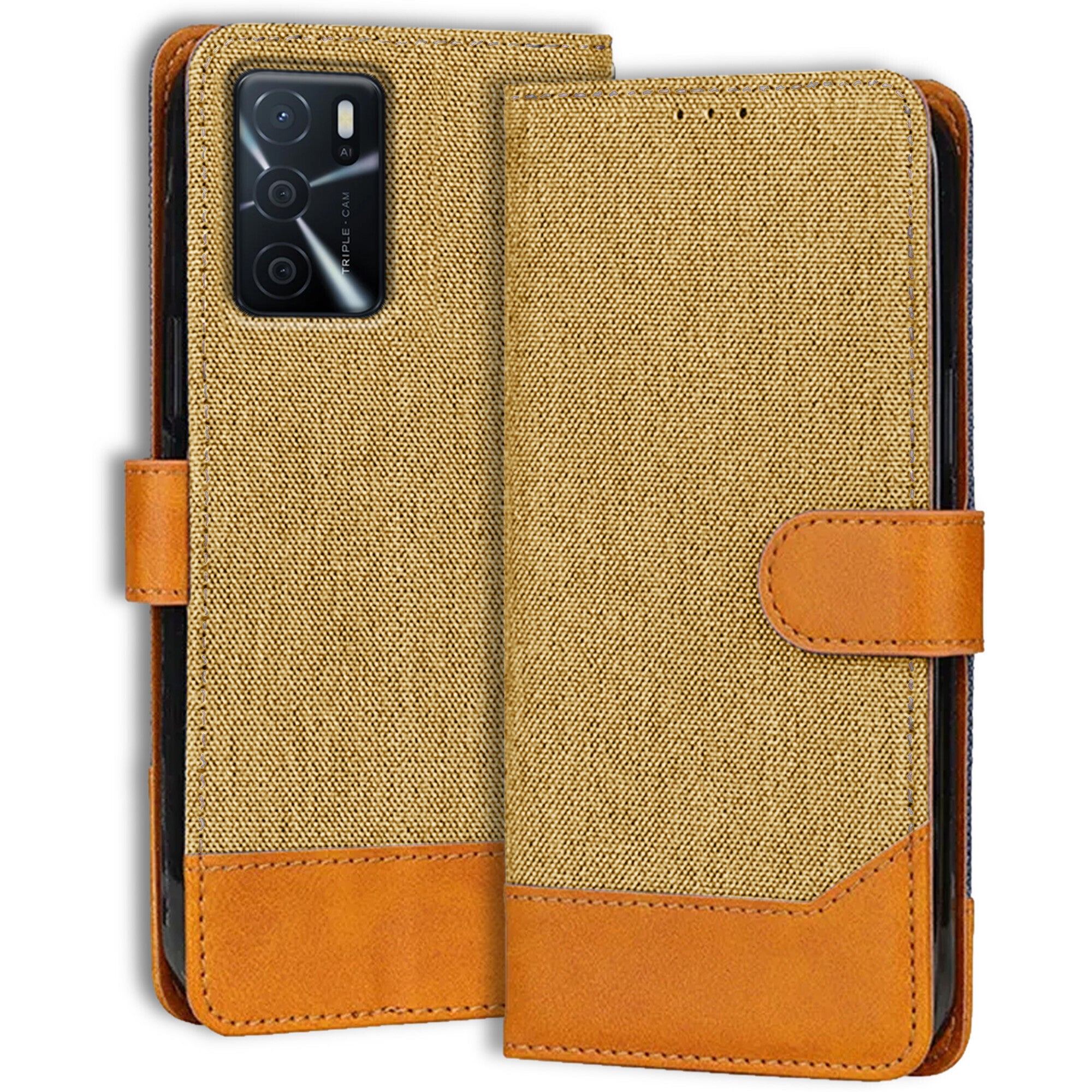 Accesorios Oppo A16 denim flip cover – Light Brown – Image 1 #color_light brown