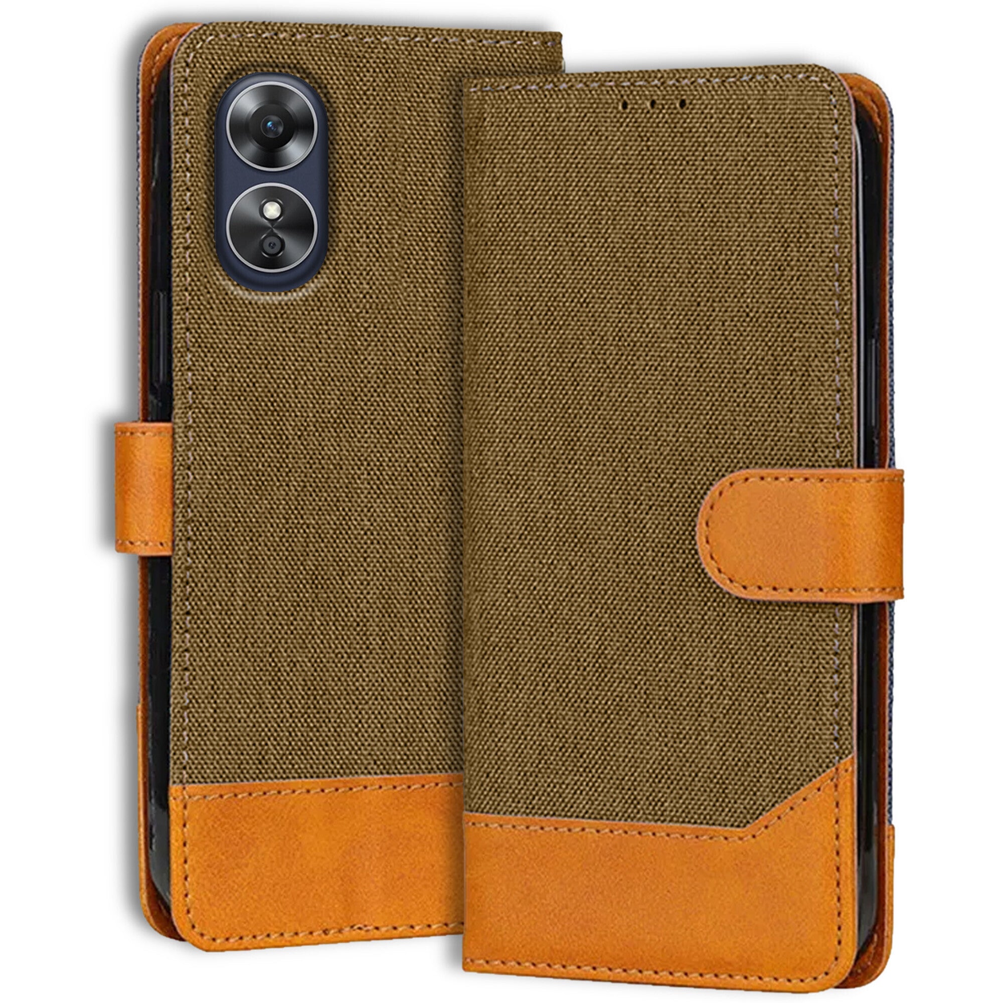 Accesorios Oppo A17 denim flip cover – Dark Brown – Image 1 #color_dark brown
