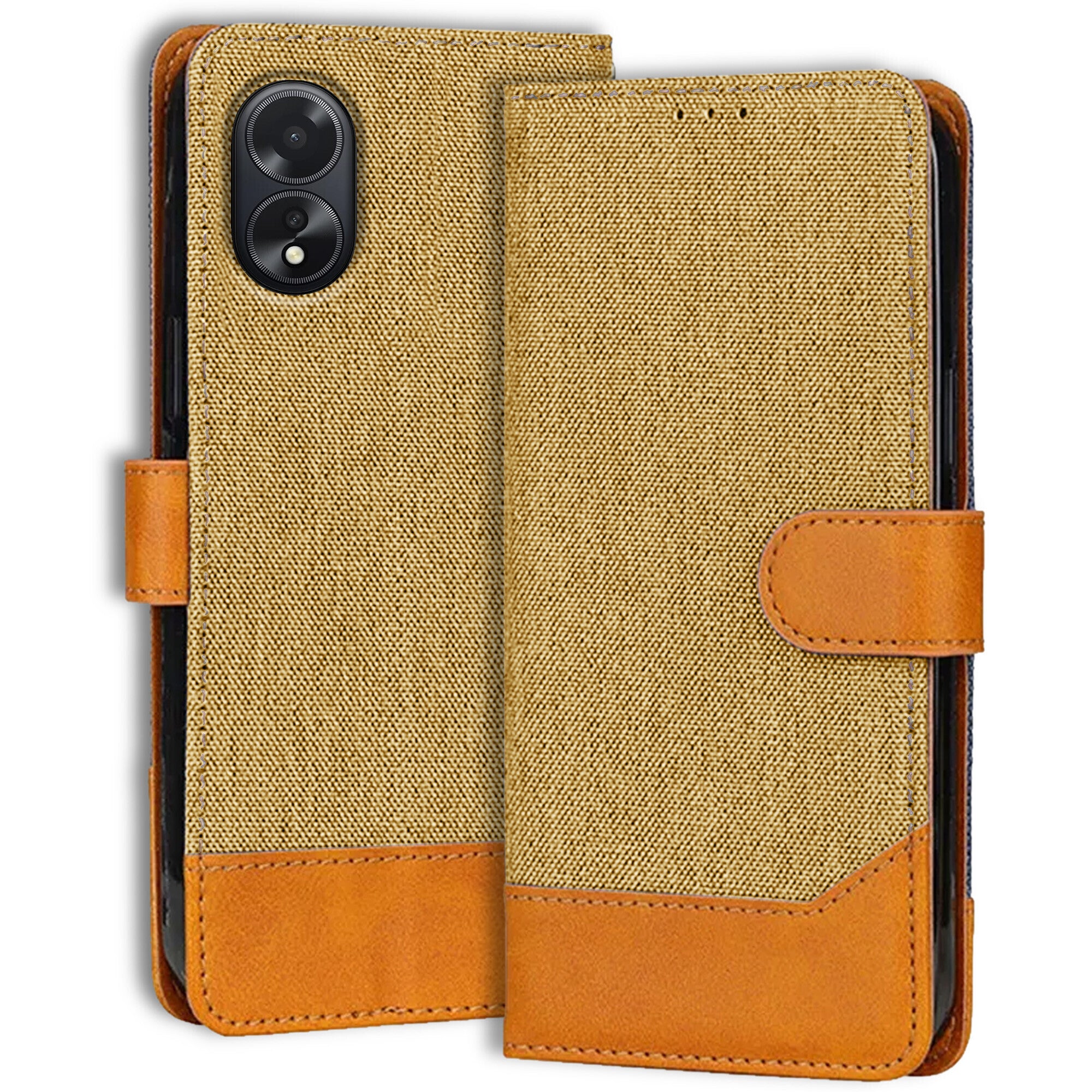 Accesorios Oppo A18 denim flip cover – Light Brown – Image 1 #color_light brown