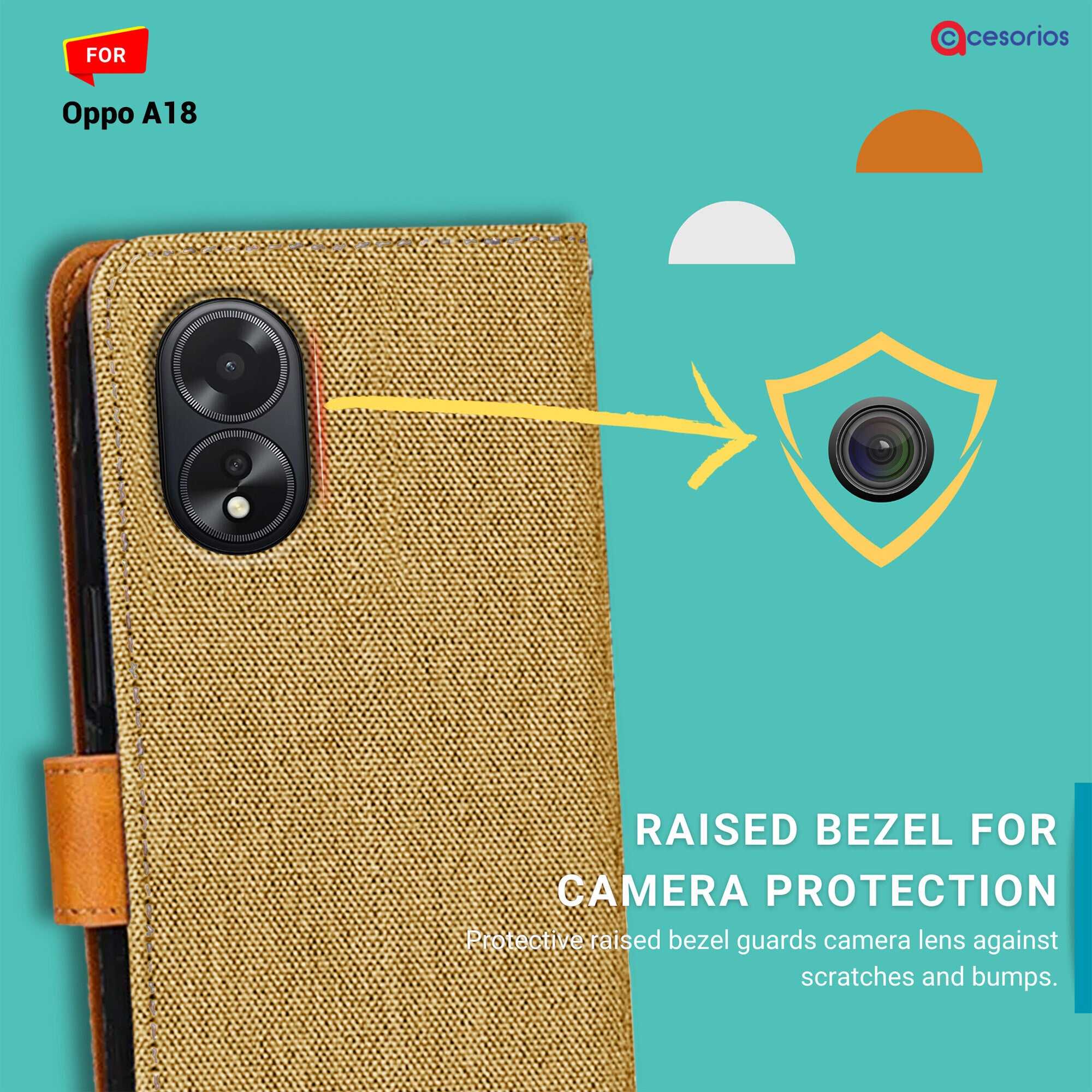 Accesorios Oppo A18 denim flip cover – Light Brown – Image 2 #color_light brown