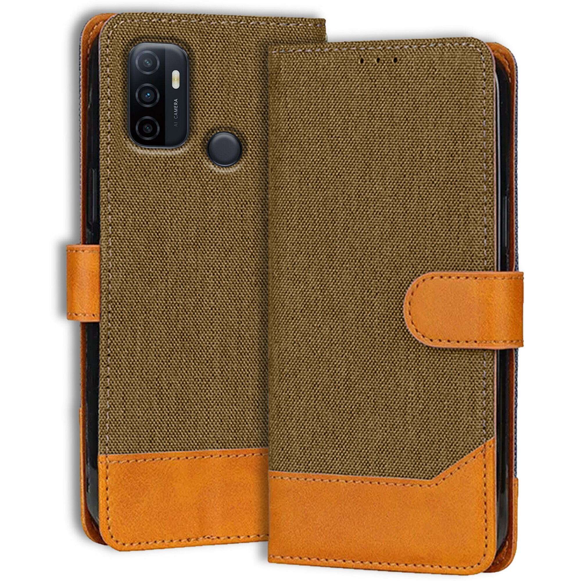 Accesorios Oppo A53 denim flip cover – Dark Brown – Image 1 #color_dark brown