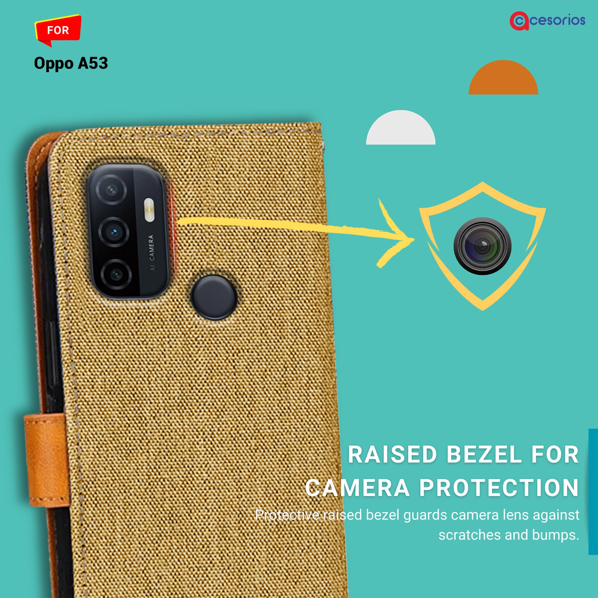 Accesorios Oppo A53 denim flip cover – Light Brown – Image 2 #color_light brown