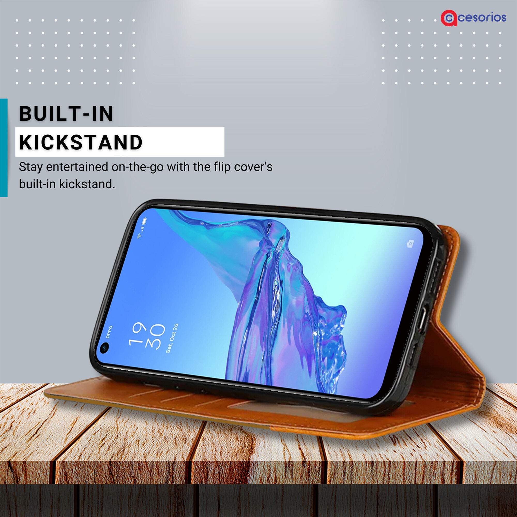 Accesorios Oppo A53 denim flip cover – Light Brown – Image 4 #color_light brown