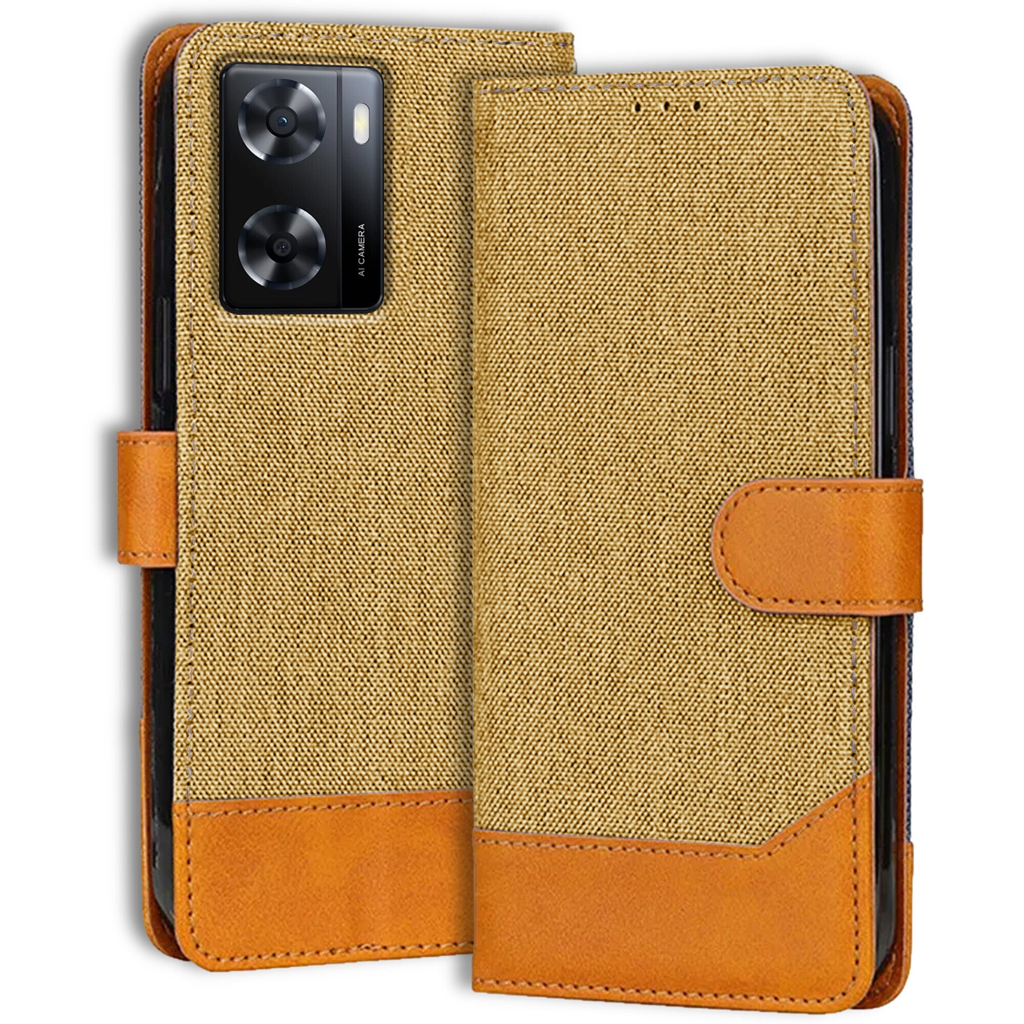 Accesorios Oppo A57 denim flip cover – Light Brown – Image 1 #color_light brown