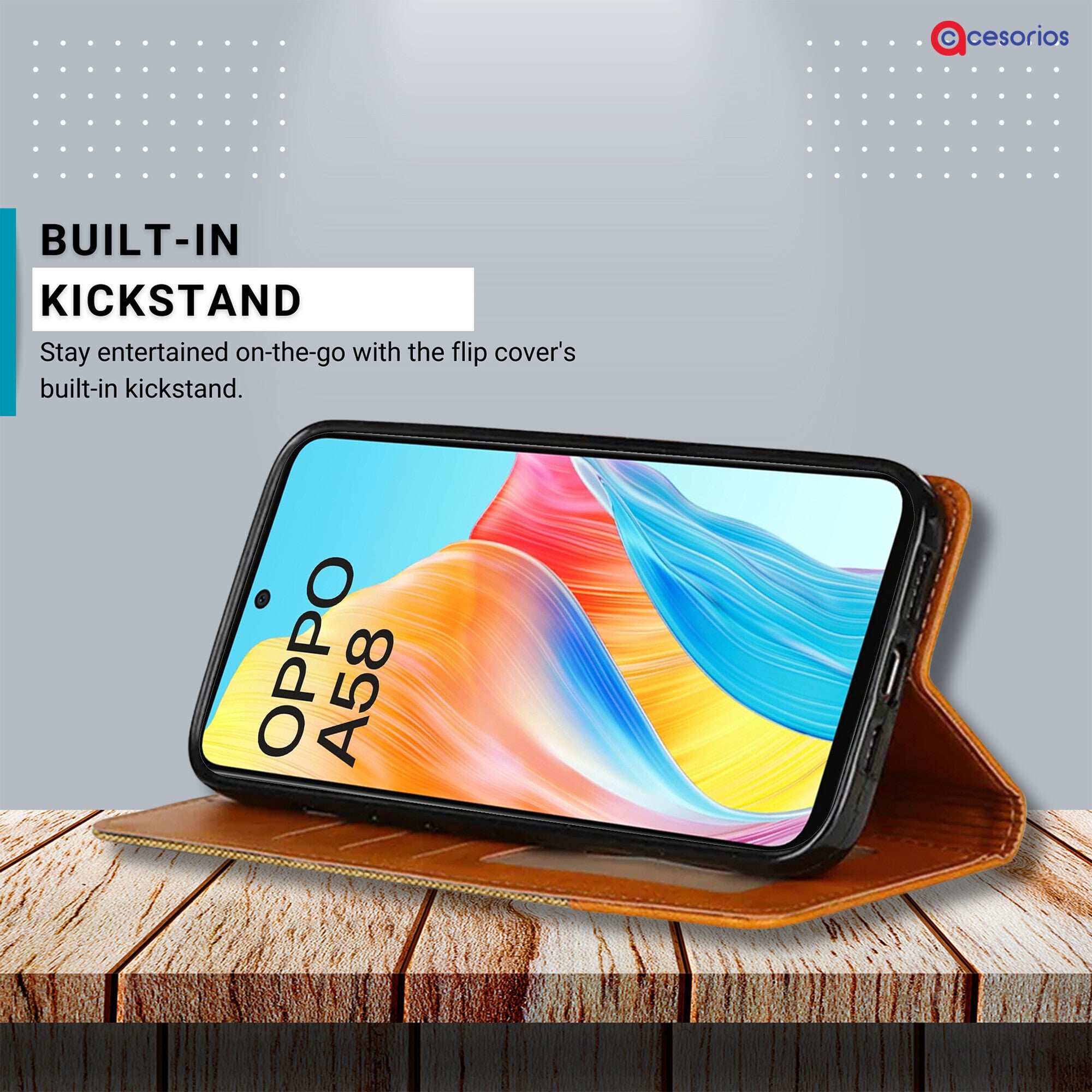 Accesorios Oppo A58 5G denim flip cover – Light Brown – Image 4 #color_light brown