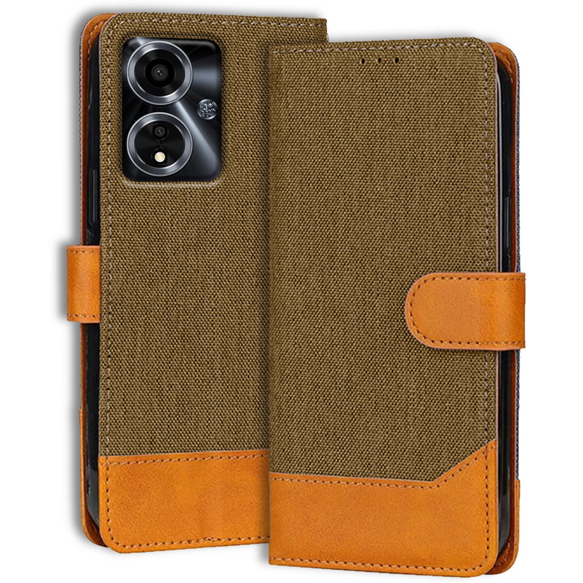 Accesorios Oppo A59 5G denim flip cover – Dark Brown – Image 1 #color_dark brown