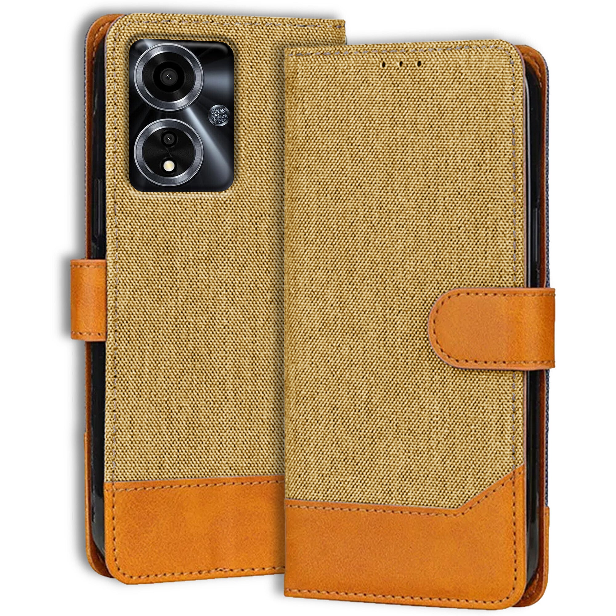 Accesorios Oppo A59 5G denim flip cover – Light Brown – Image 1 #color_light brown