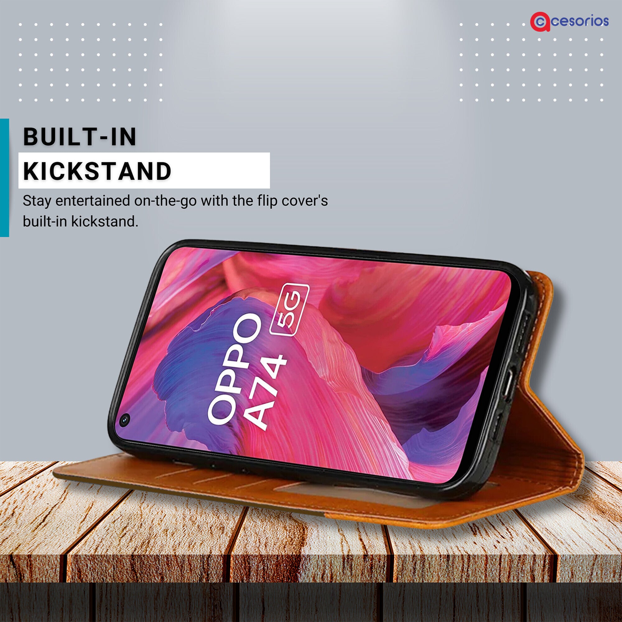 Accesorios Oppo A74 5G denim flip cover – Dark Brown – Image 4 #color_dark brown