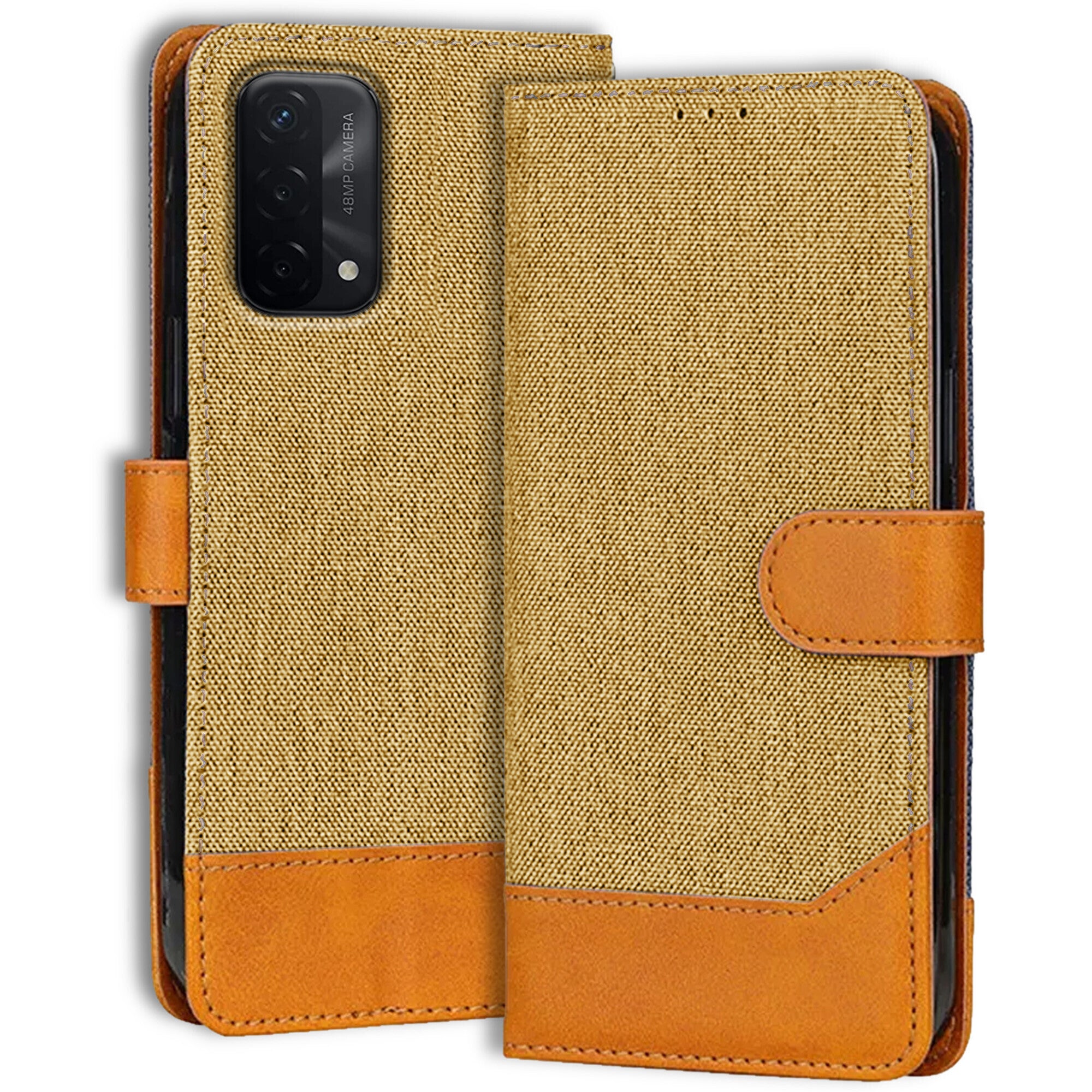 Accesorios Oppo A74 5G denim flip cover – Light Brown – Image 1 #color_light brown