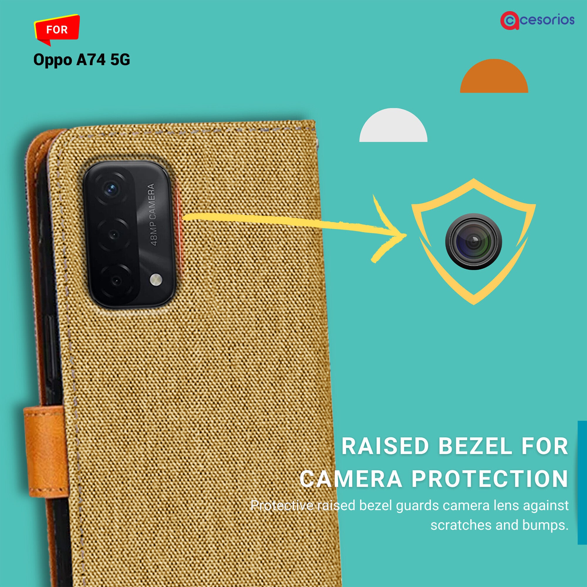 Accesorios Oppo A74 5G denim flip cover – Light Brown – Image 2 #color_light brown