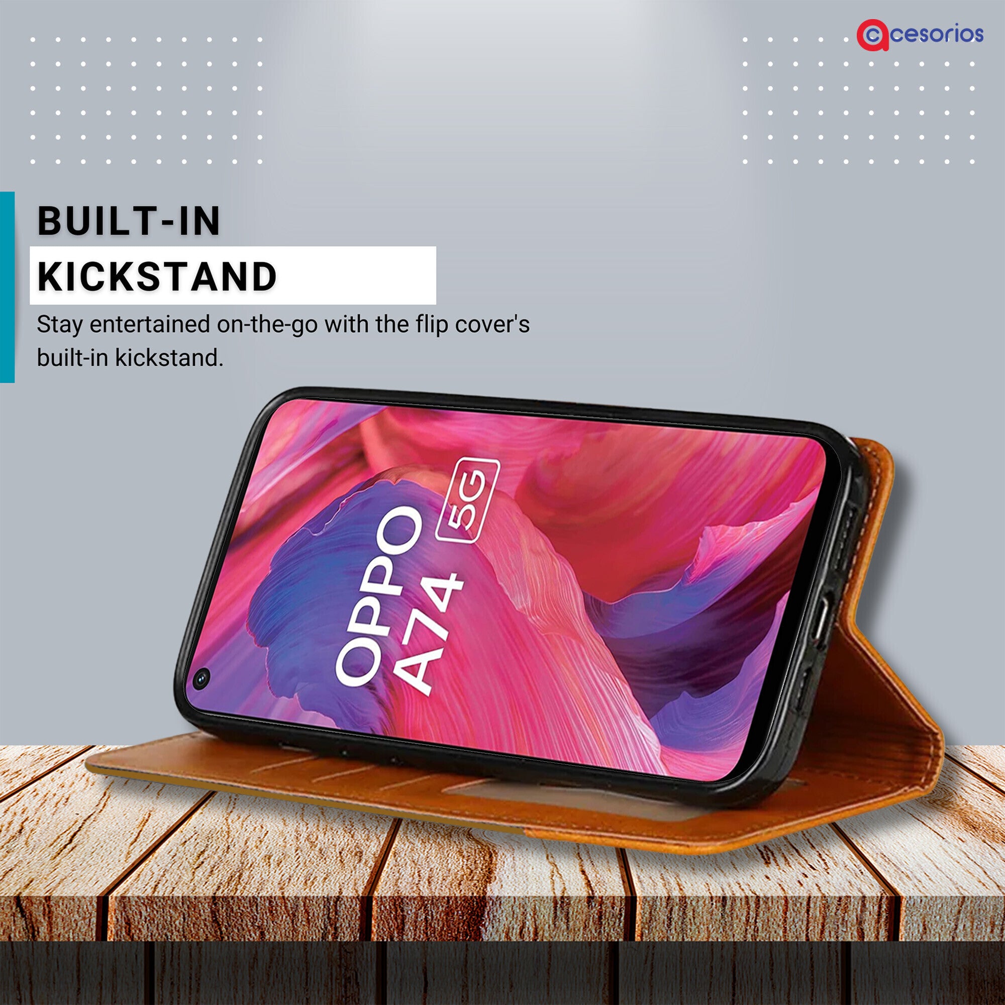 Accesorios Oppo A74 5G denim flip cover – Light Brown – Image 4 #color_light brown