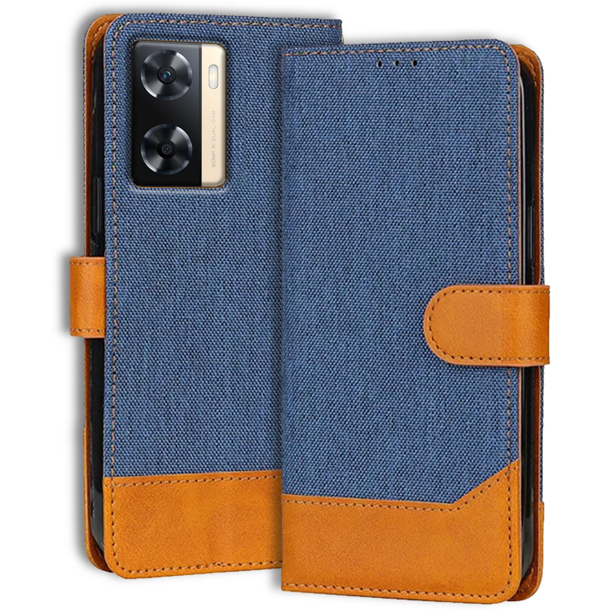 Accesorios Oppo A77 4G denim flip cover – Blue – Image 1 #color_blue