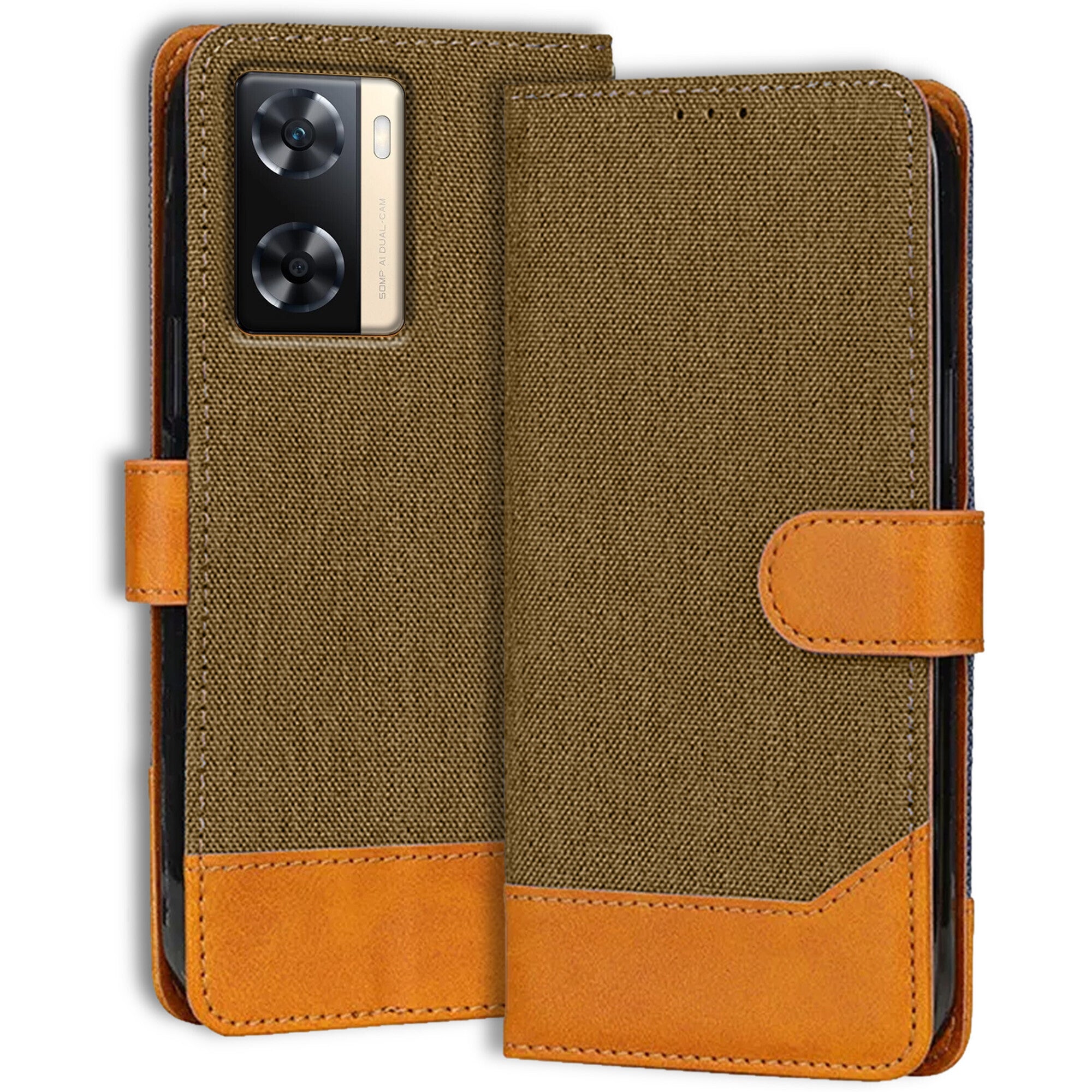 Accesorios Oppo A77 4G denim flip cover – Dark Brown – Image 1 #color_dark brown