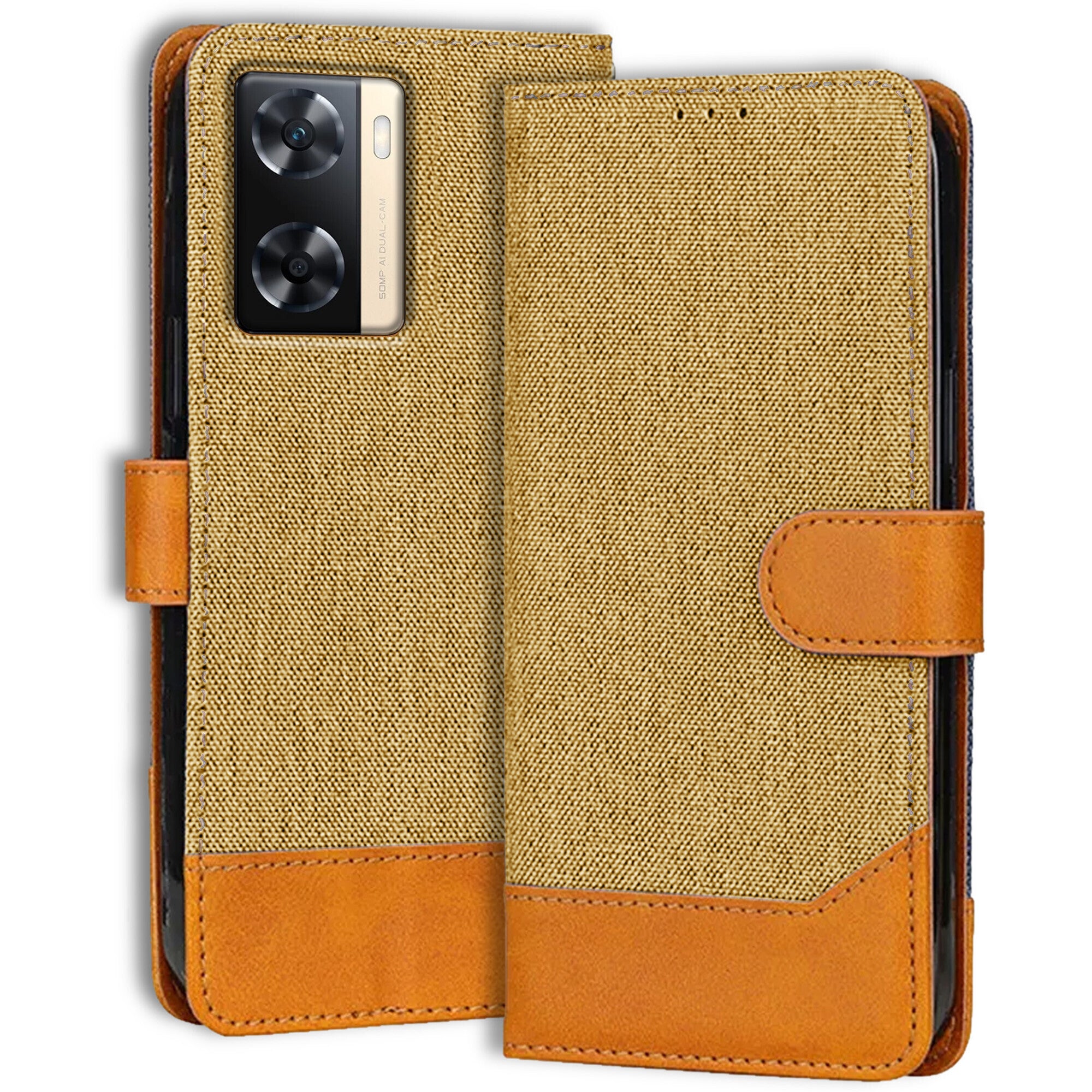 Accesorios Oppo A77 4G denim flip cover – Light Brown – Image 1 #color_light brown