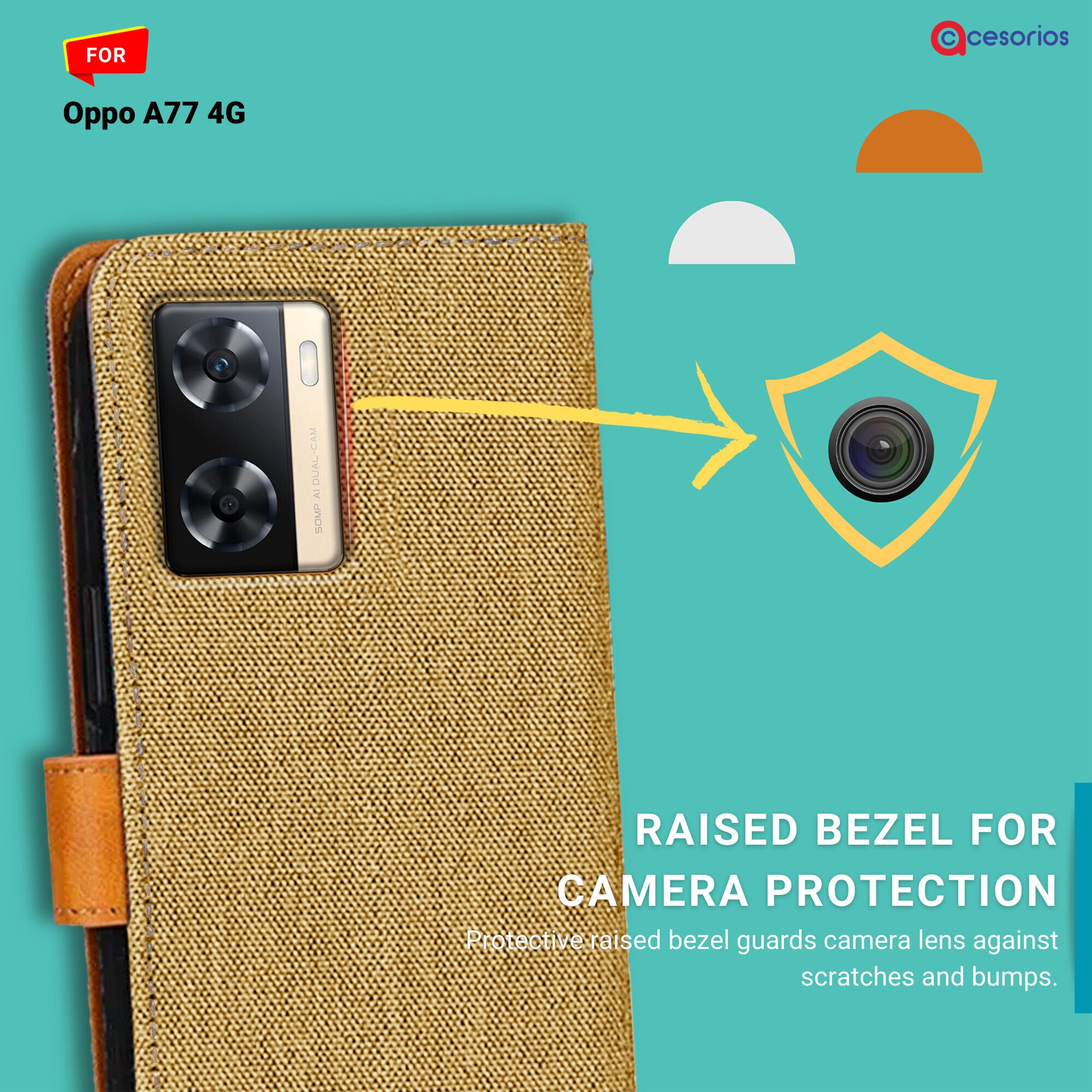 Accesorios Oppo A77 4G denim flip cover – Light Brown – Image 2 #color_light brown