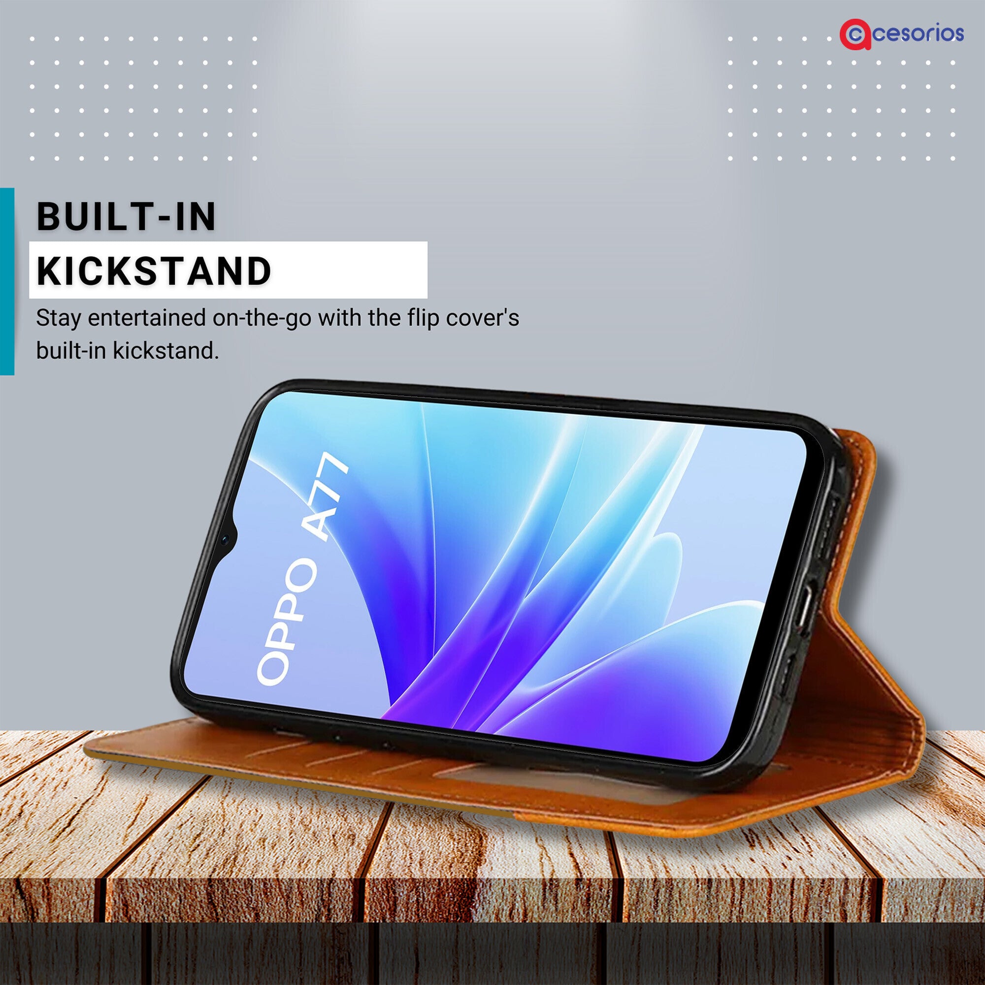 Accesorios Oppo A77 4G denim flip cover – Light Brown – Image 4 #color_light brown