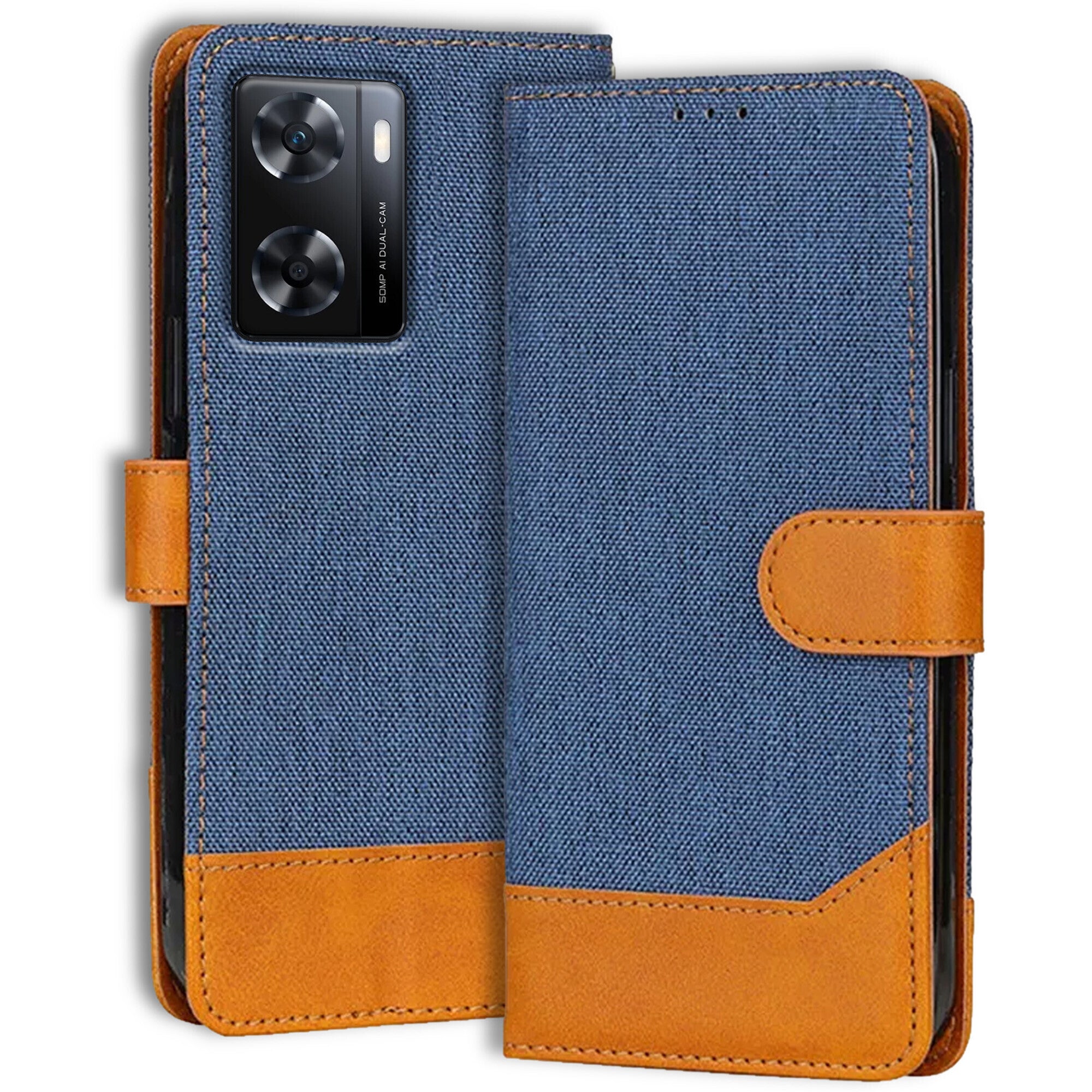 Accesorios Oppo A77S 4G denim flip cover – Blue – Image 1 #color_blue