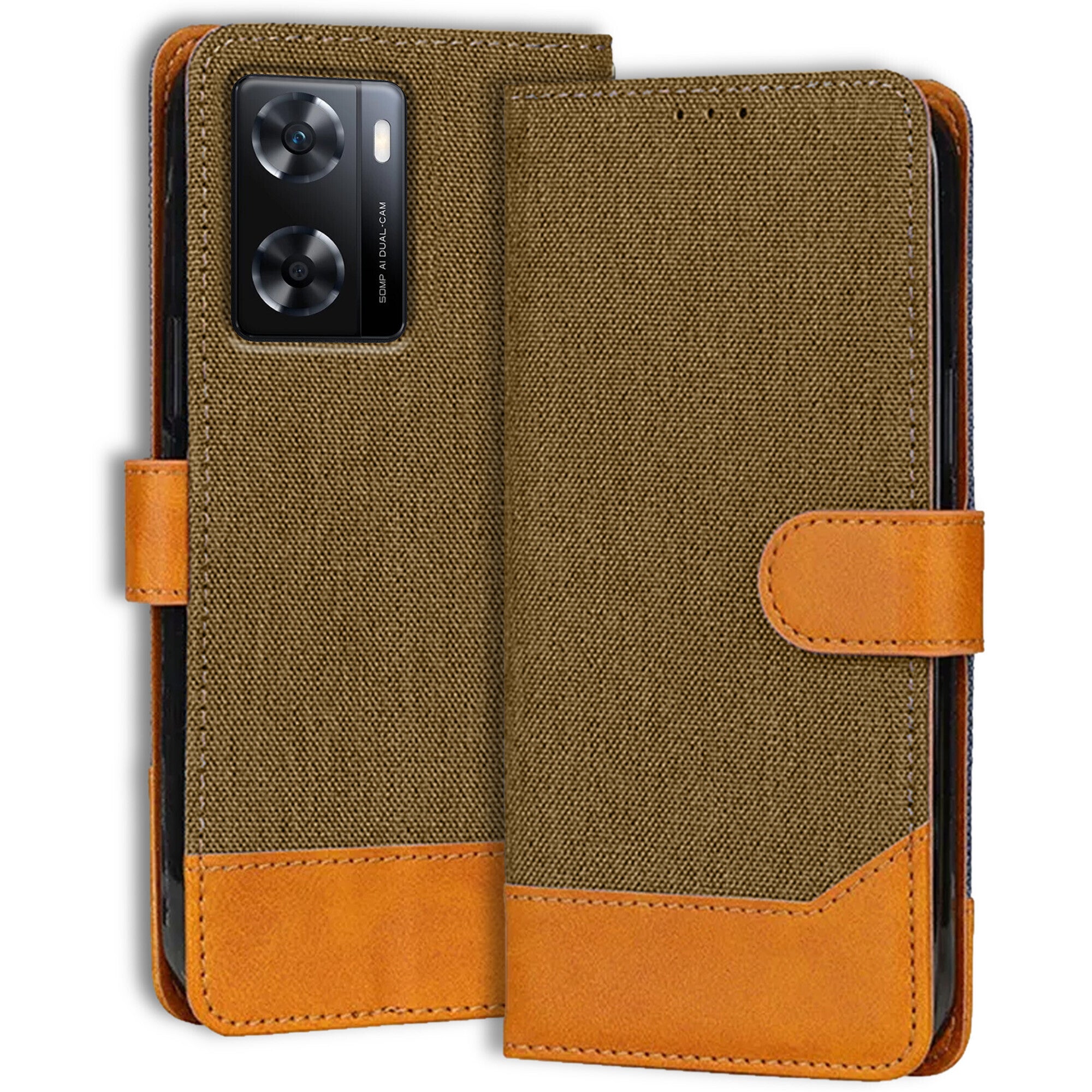 Accesorios Oppo A77S 4G denim flip cover – Dark Brown – Image 1 #color_dark brown