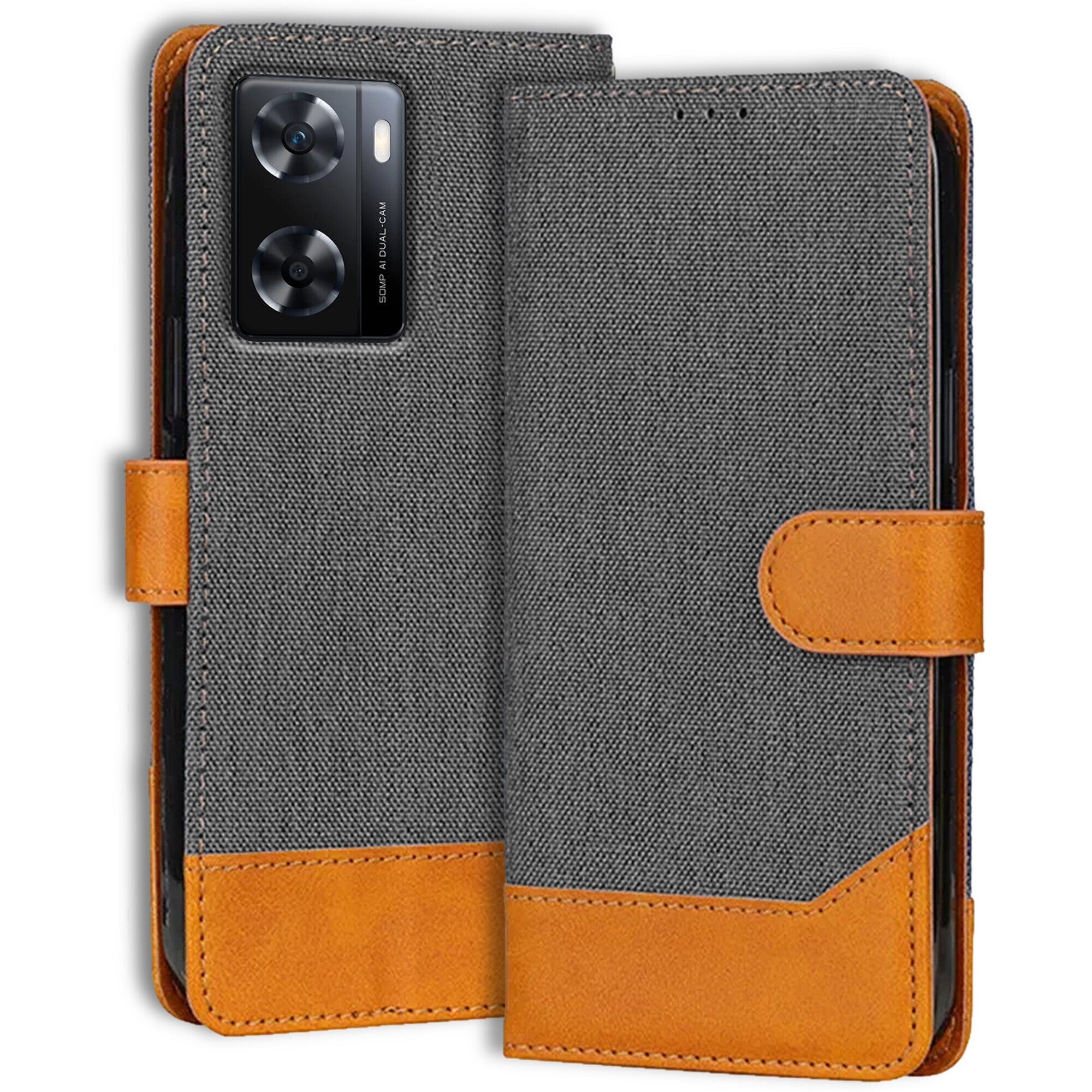 Accesorios Oppo A77S 4G denim flip cover – Grey – Image 1 #color_grey
