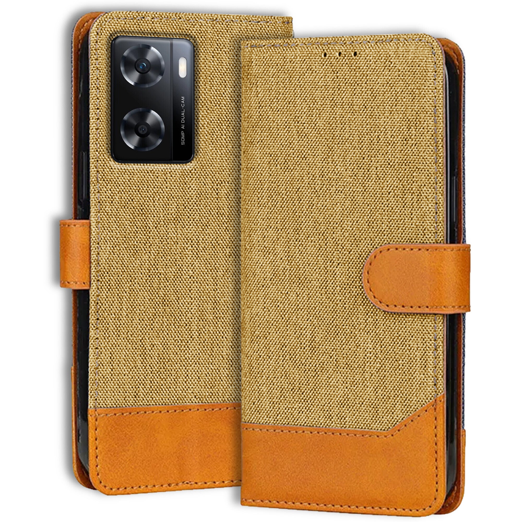 Accesorios Oppo A77S 4G denim flip cover – Light Brown – Image 1 #color_light brown