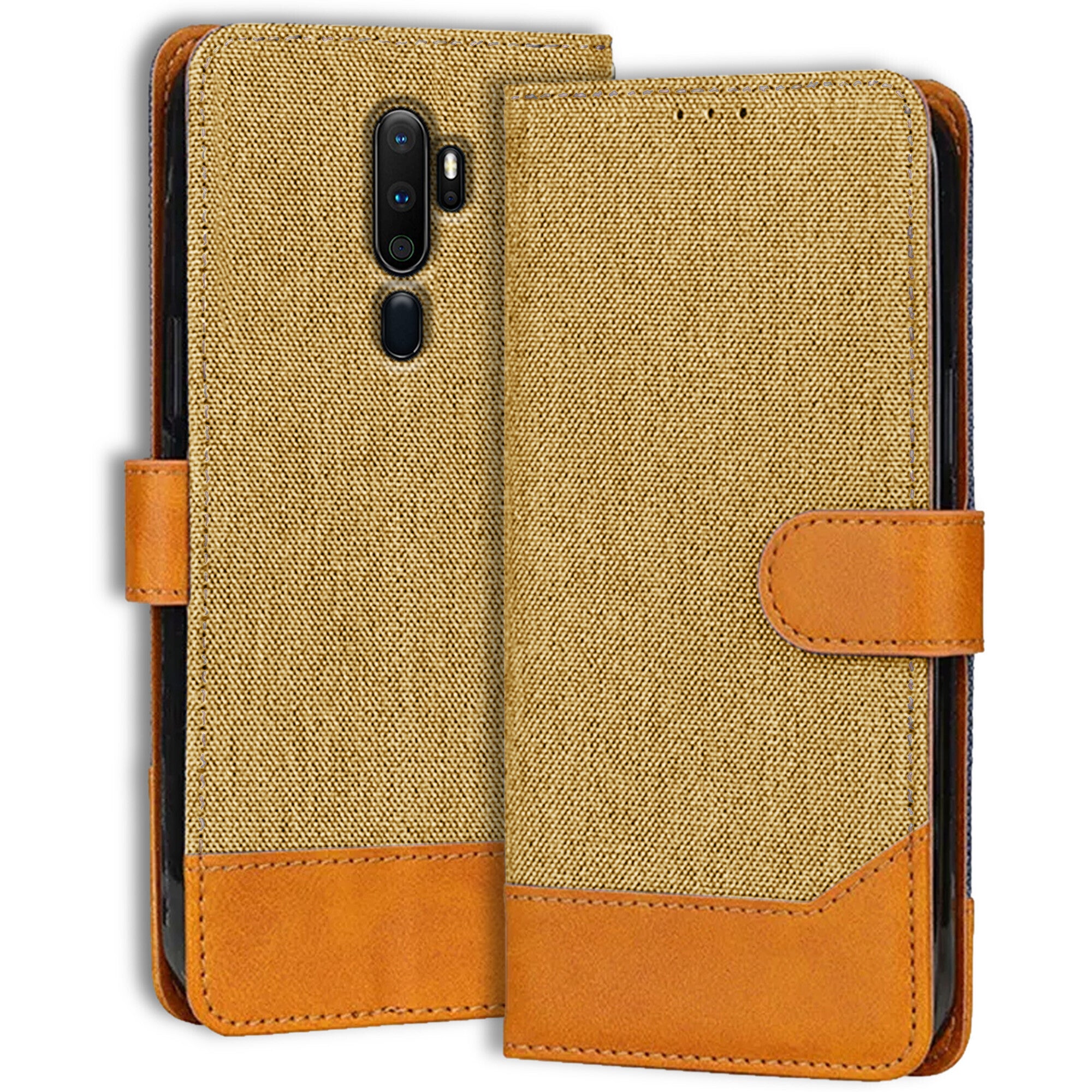 Accesorios Oppo A9 2020 denim flip cover – Light Brown – Image 1 #color_light brown