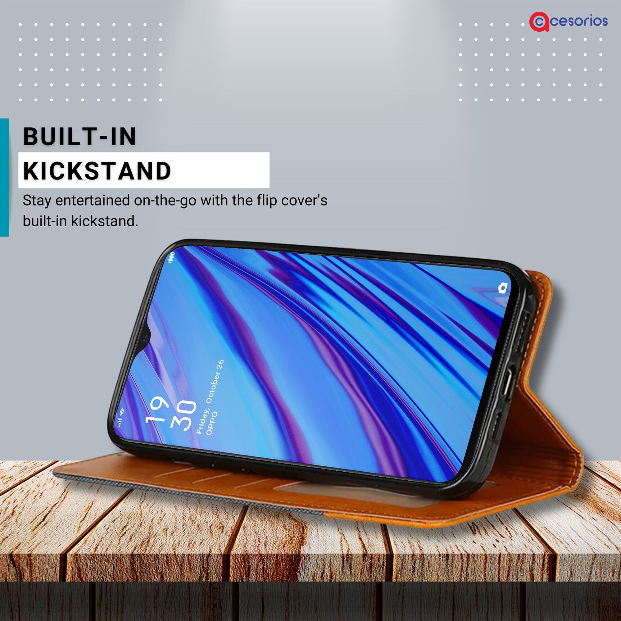 Accesorios Oppo A9 denim flip cover – Grey – Image 4 #color_grey