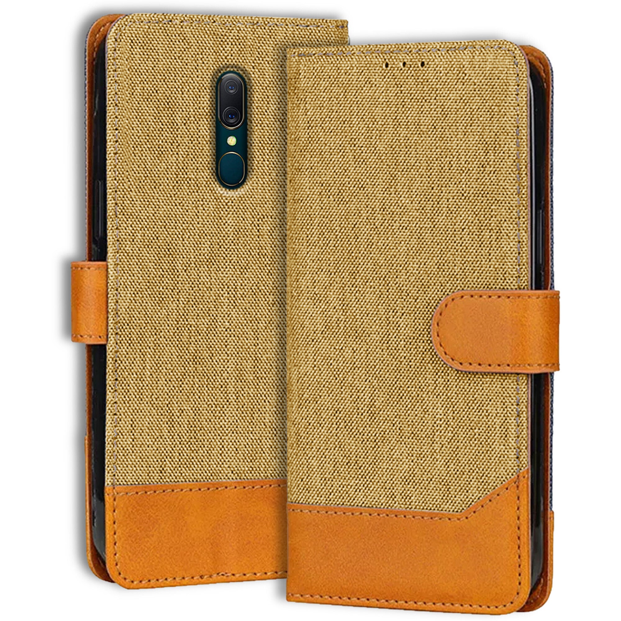 Accesorios Oppo A9 denim flip cover – Light Brown – Image 1 #color_light brown