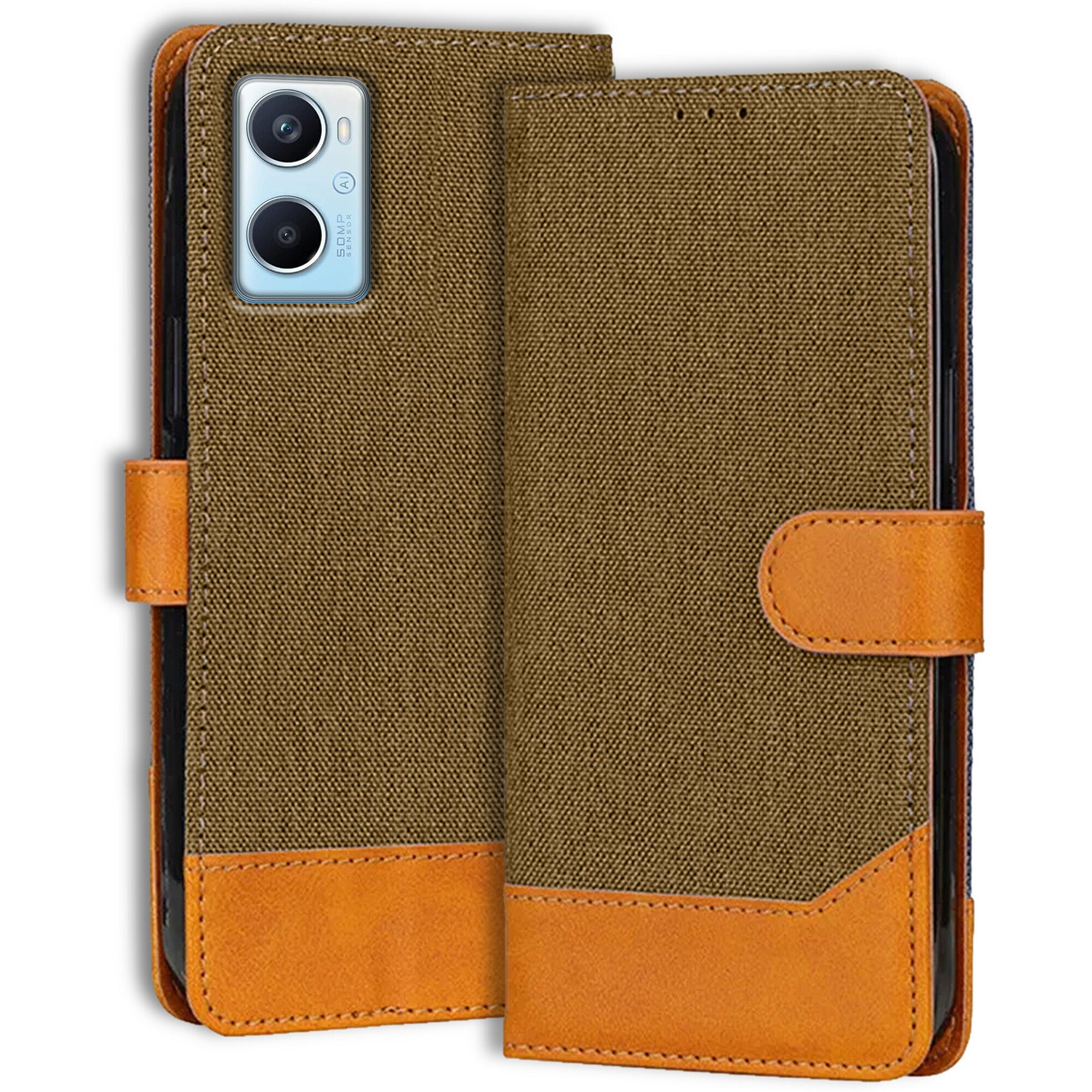Accesorios Oppo A96 denim flip cover – Dark Brown – Image 1 #color_dark brown
