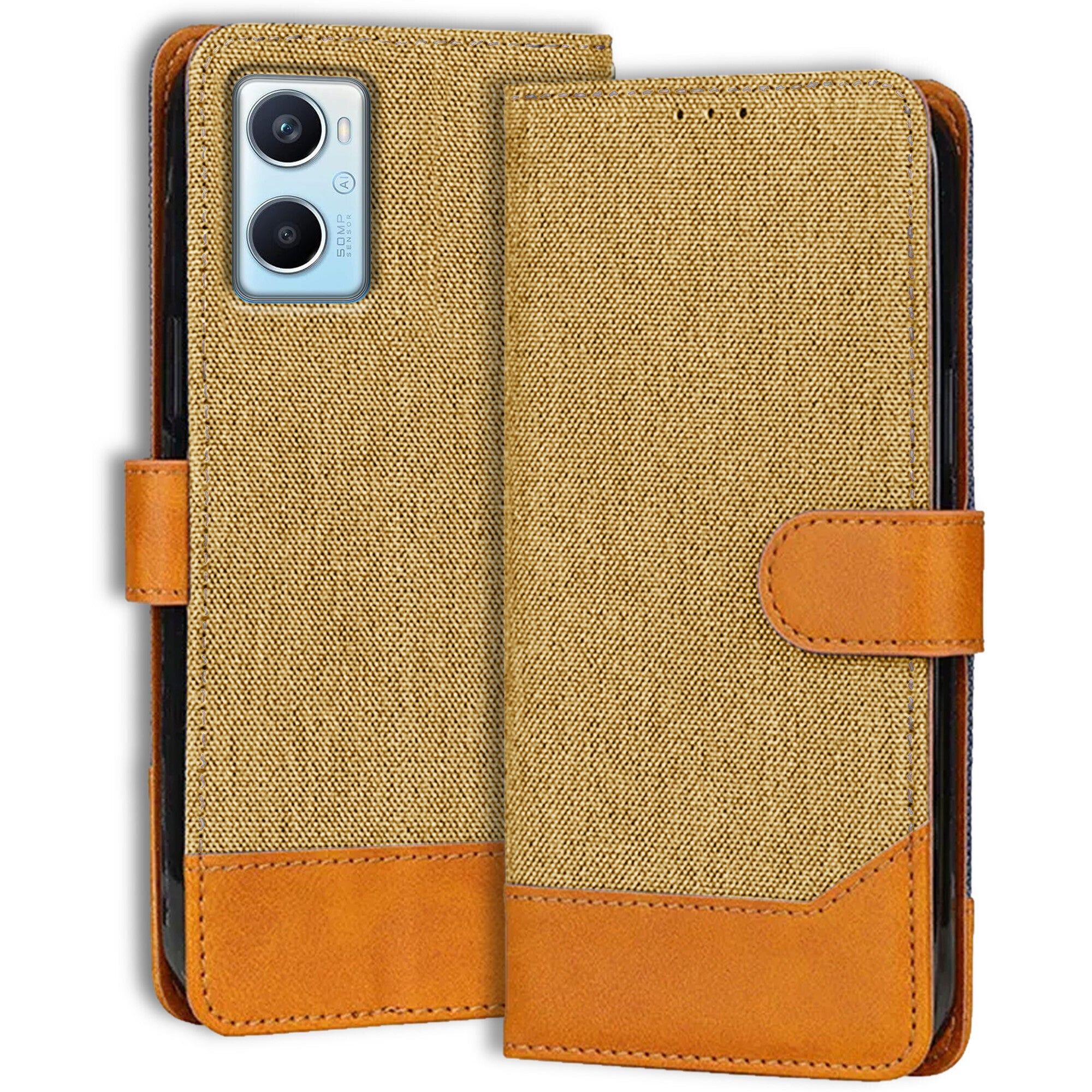 Accesorios Oppo A96 denim flip cover – Light Brown – Image 1 #color_light brown