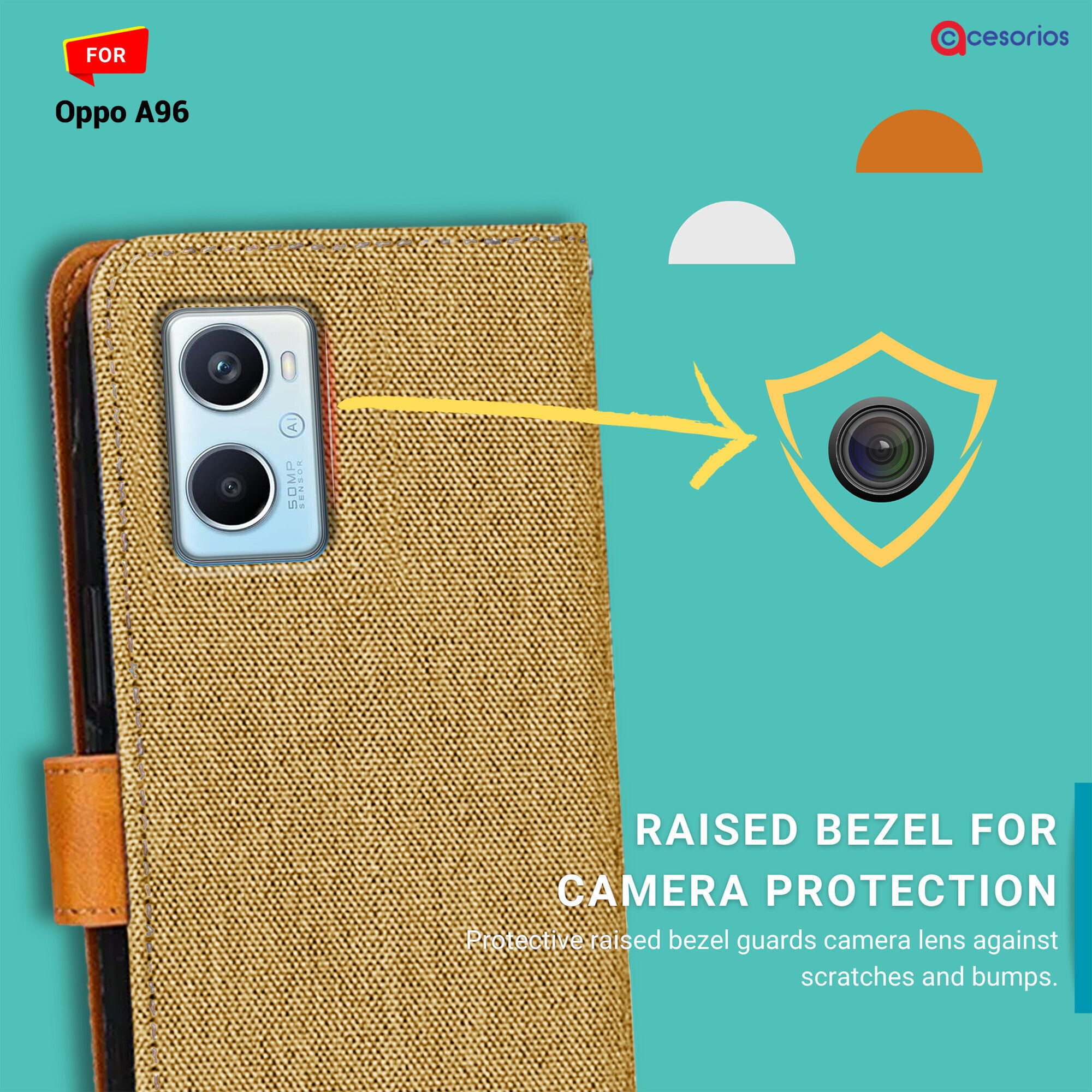 Accesorios Oppo A96 denim flip cover – Light Brown – Image 2 #color_light brown