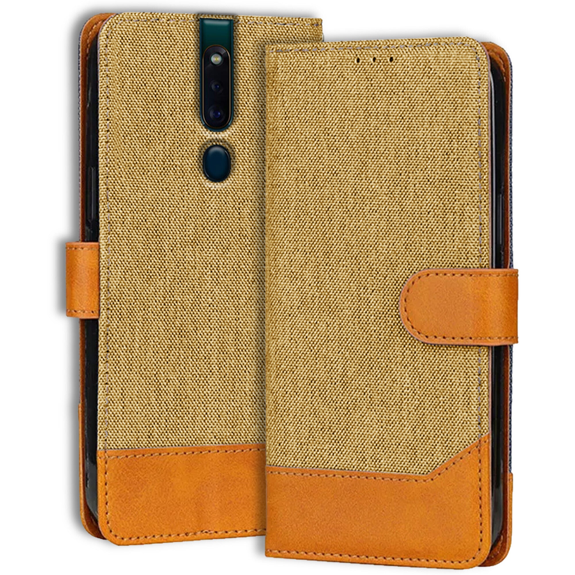 Accesorios Oppo F11 Pro denim flip cover – Light Brown – Image 1 #color_light brown