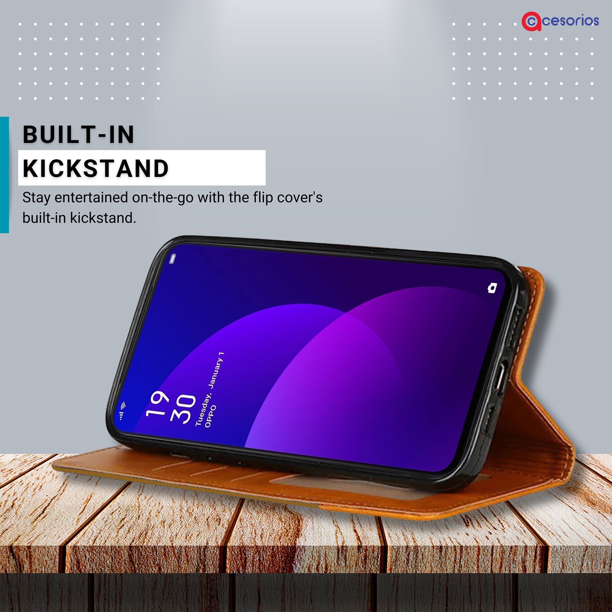 Accesorios Oppo F11 Pro denim flip cover – Light Brown – Image 4 #color_light brown