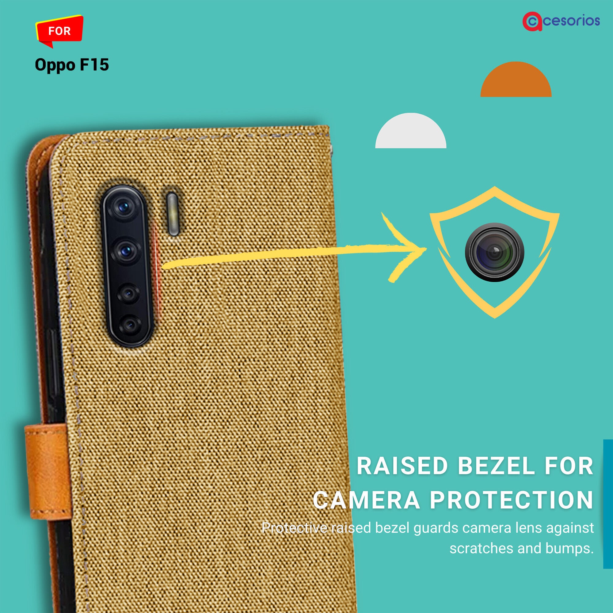 Accesorios Oppo F15 denim flip cover – Light Brown – Image 2 #color_light brown