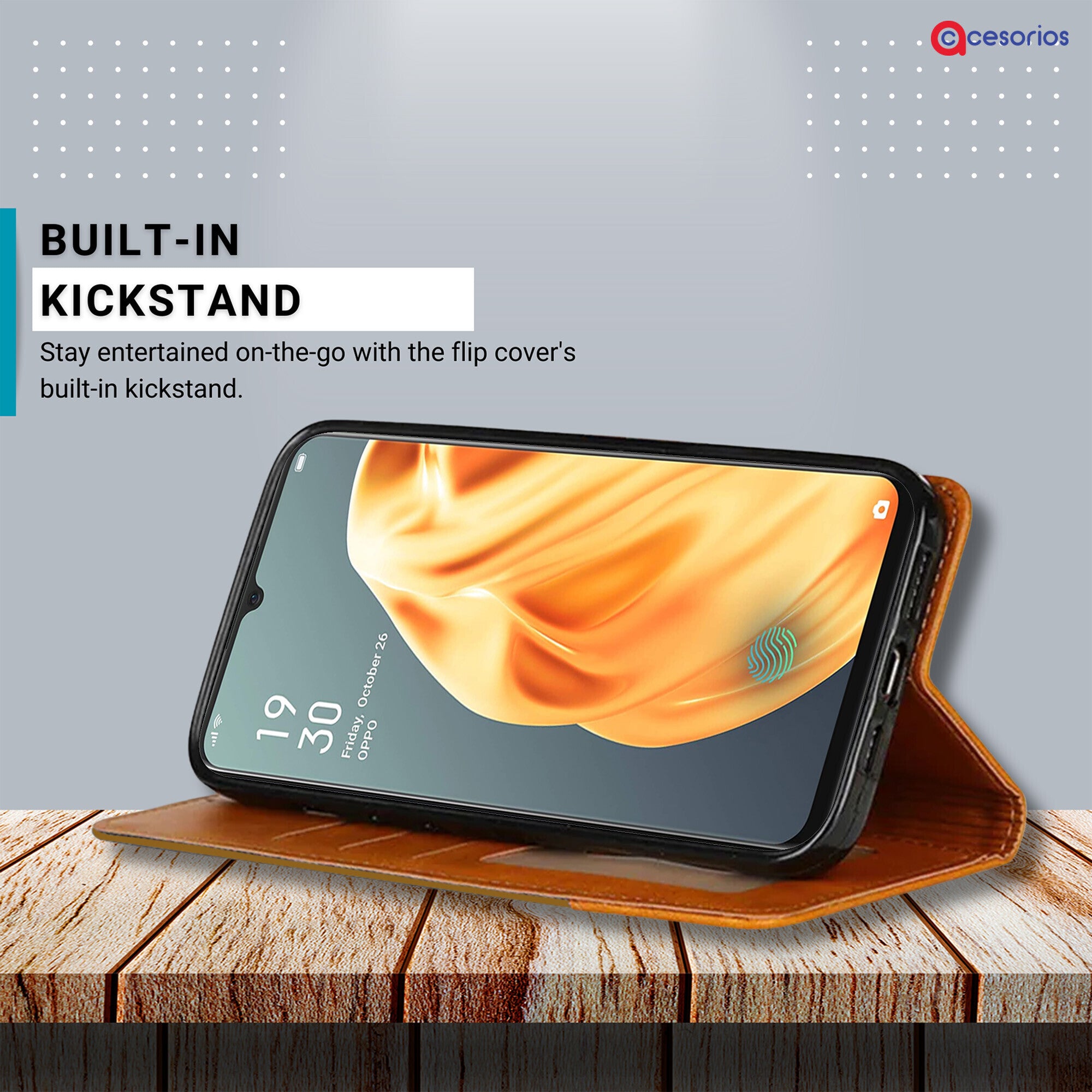 Accesorios Oppo F15 denim flip cover – Light Brown – Image 4 #color_light brown