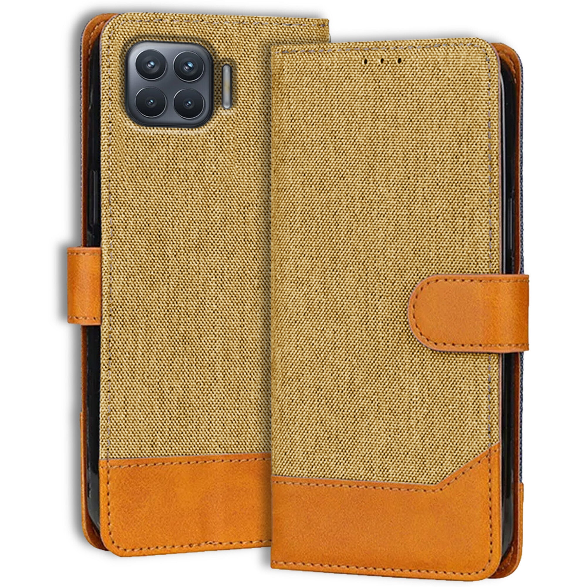 Accesorios Oppo F17 Pro denim flip cover – Light Brown – Image 1 #color_light brown